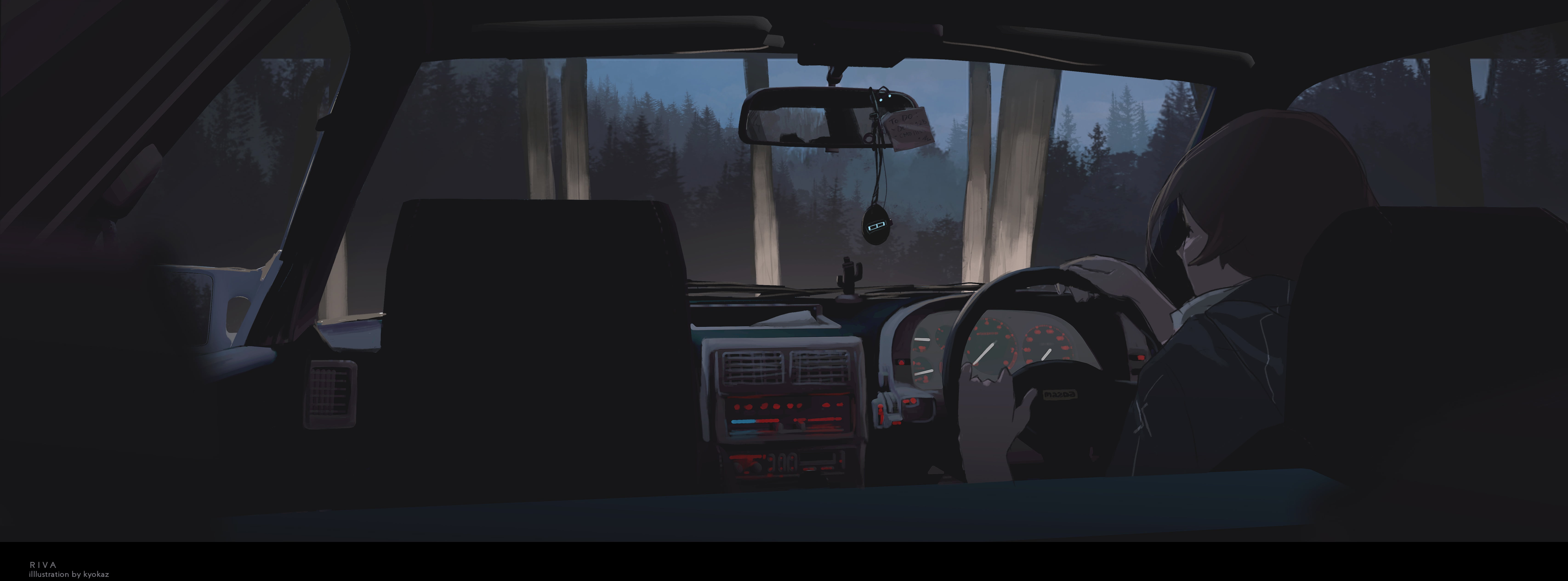 seat, men, Kyokazu, occupation, indoors, 5K, transparent, glass - material, window, car, vehicle interior, dark, computer, vehicle seat, working, anime girls, HD Wallpaper