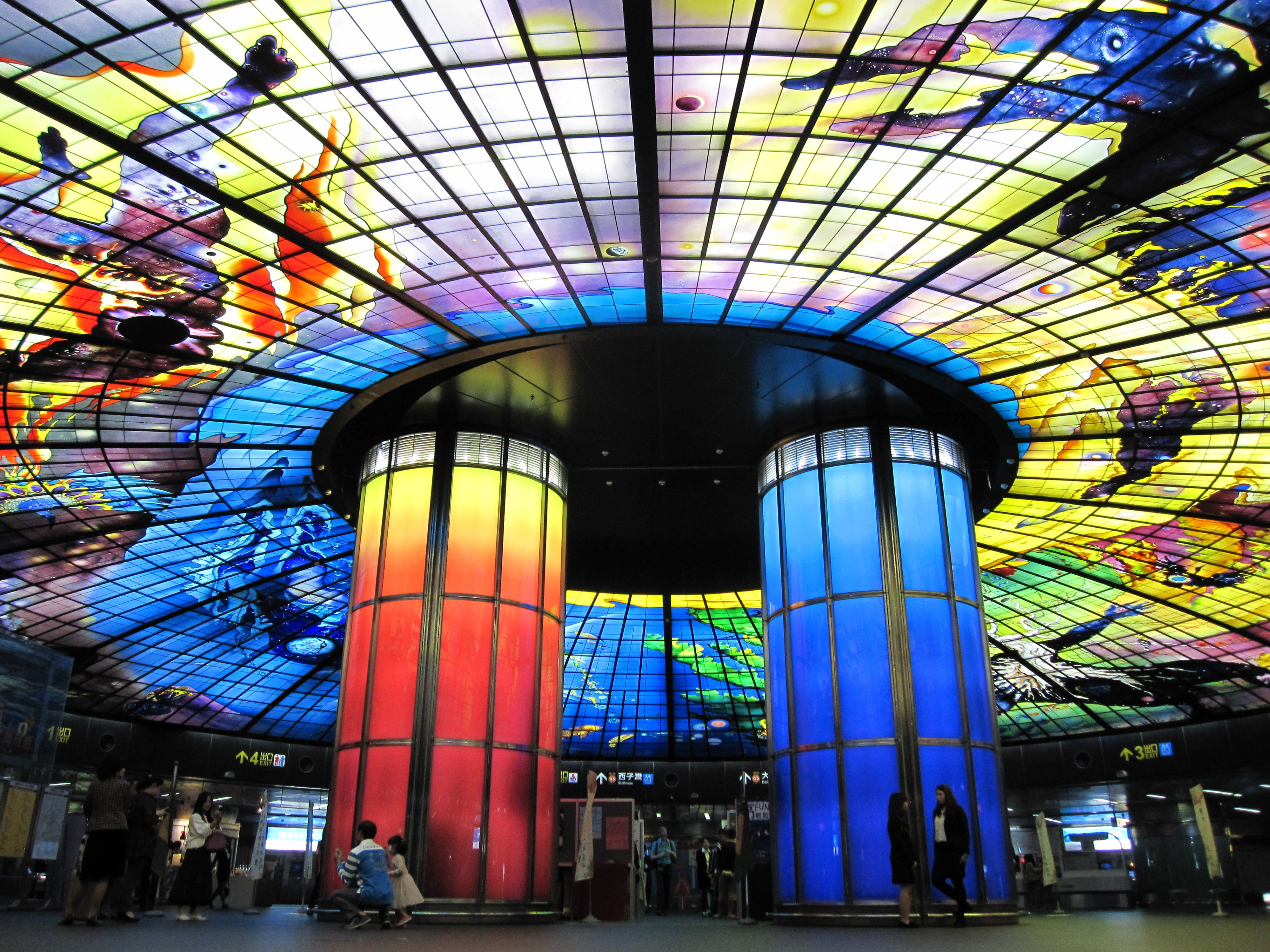 indoors, glass, cylinder, glass - material, architecture and art, real people, color, architecture, built structure, ceiling, painted, travel destinations, HD Wallpaper