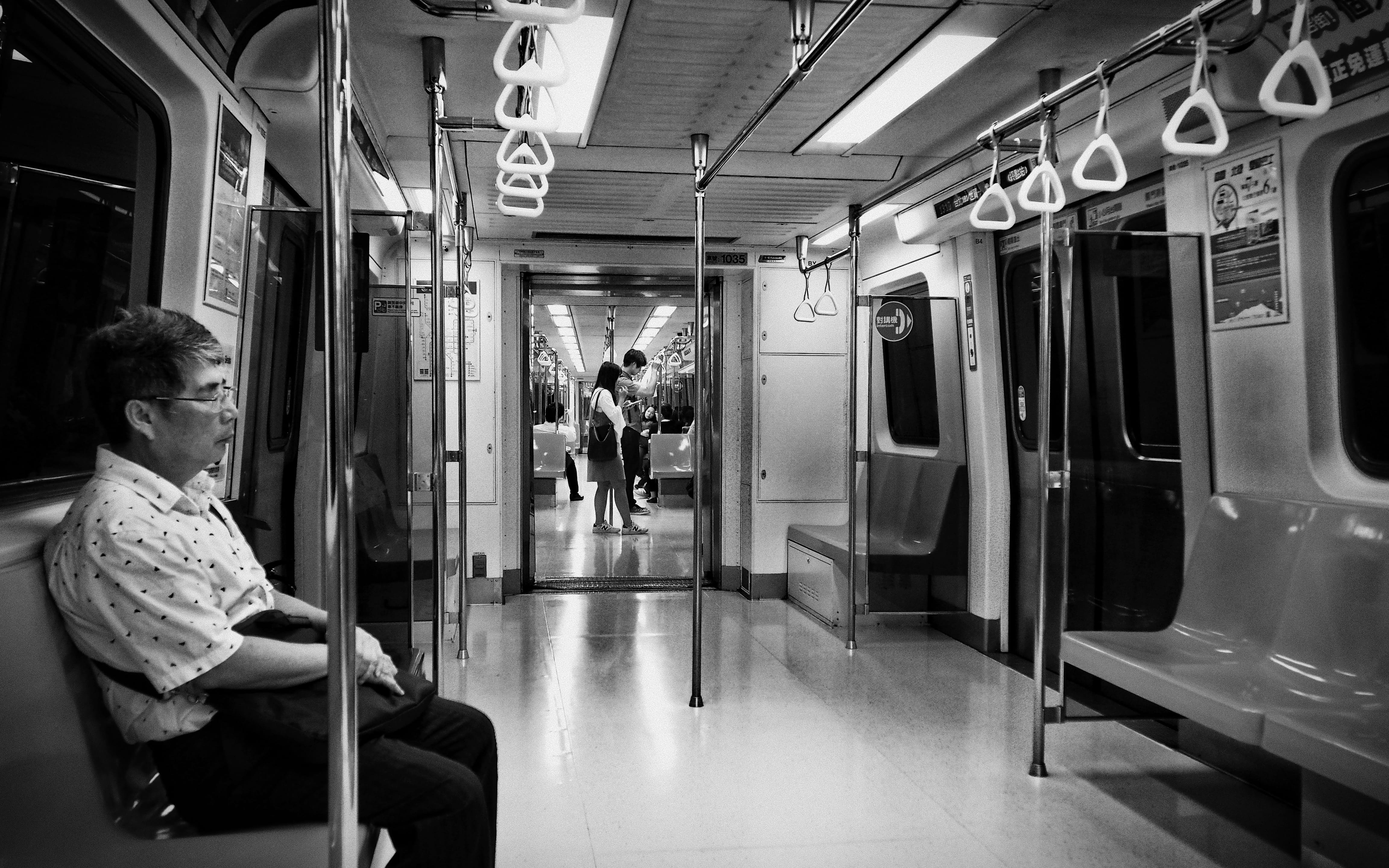 train, lifestyles, 4K, mrt, rail transportation, train - vehicle, people, mode of transportation, real people, subway train, black and white, sitting, HD Wallpaper