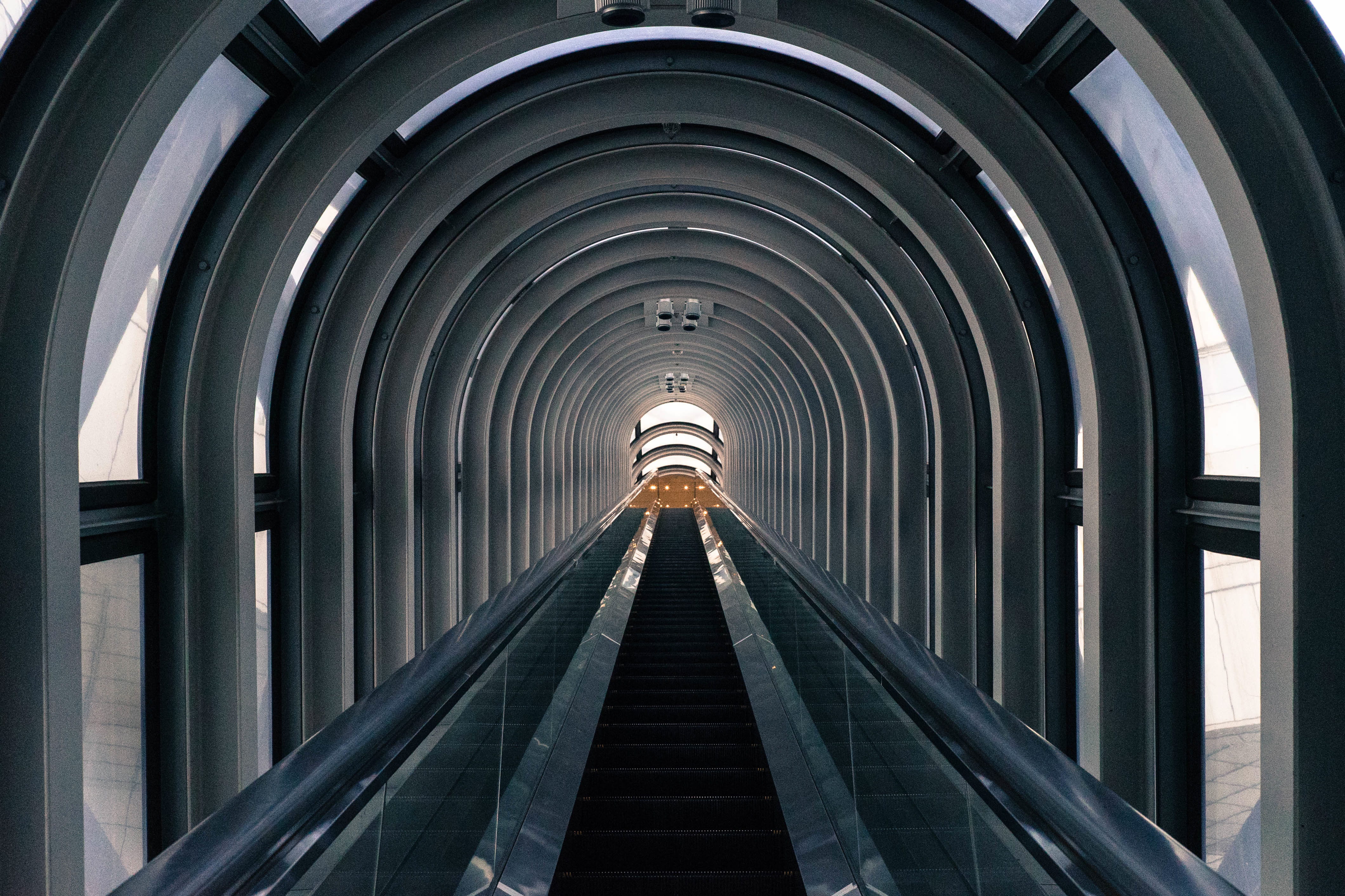 the way forward, long, travel destinations, indoors, transportation, railing, diminishing perspective, captured, empty, modern, arch, no People, osaka, HD Wallpaper