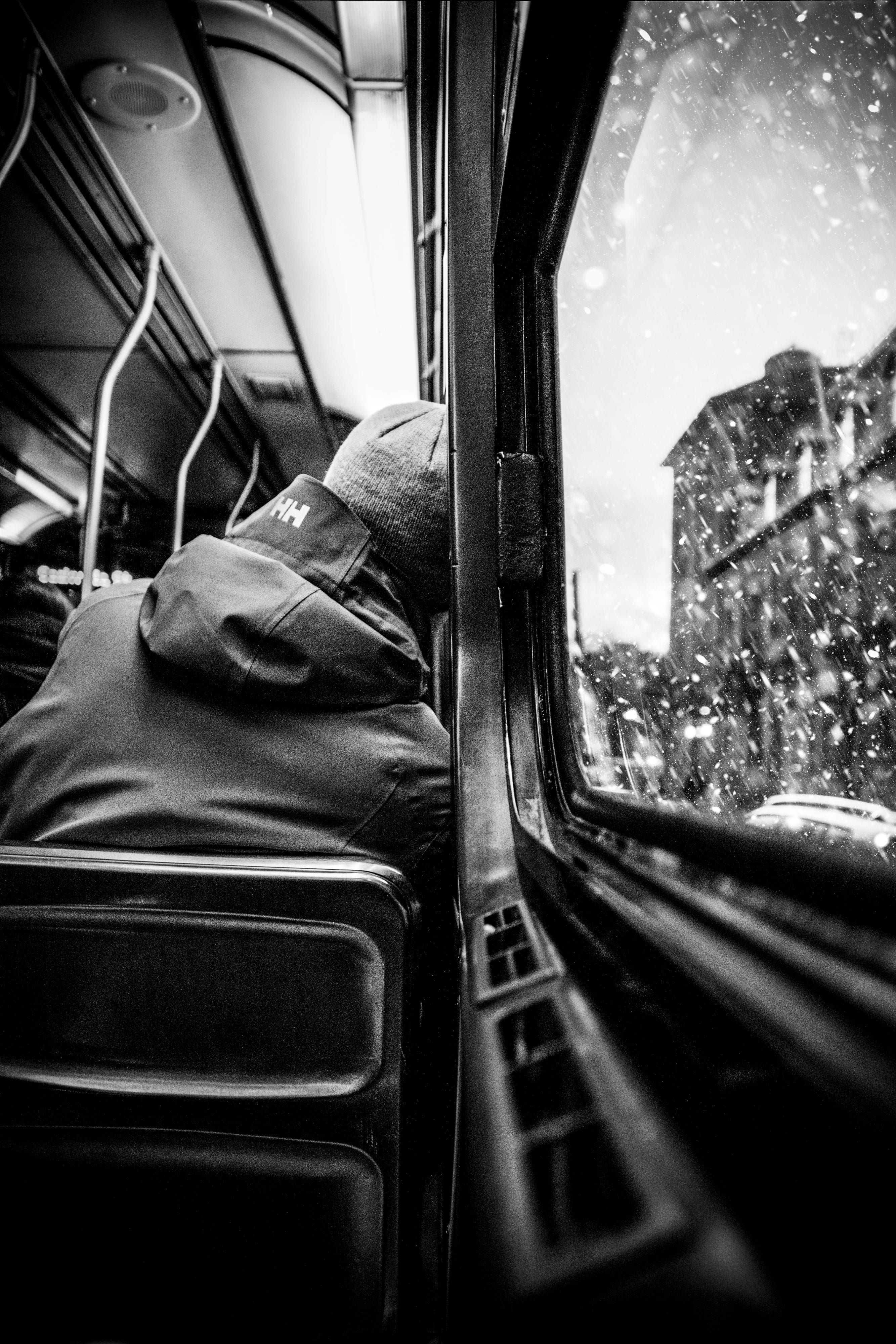 leaning, snow, winter, public transportation, car, glass - material, bus, coat, 4K, motor vehicle, mirror, toronto, clothing, vehicle interior, vehicle seat, Phone HD Wallpaper
