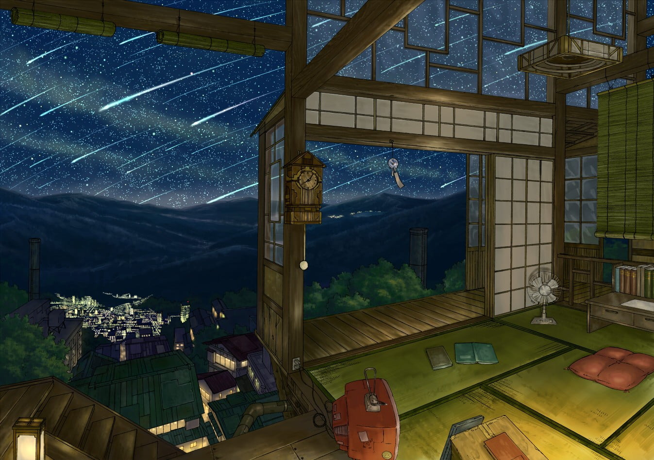 transportation, open, 720P, night, house, anime, architecture, wood - material, illuminated, built structure, indoors, building, sky, technology, HD Wallpaper