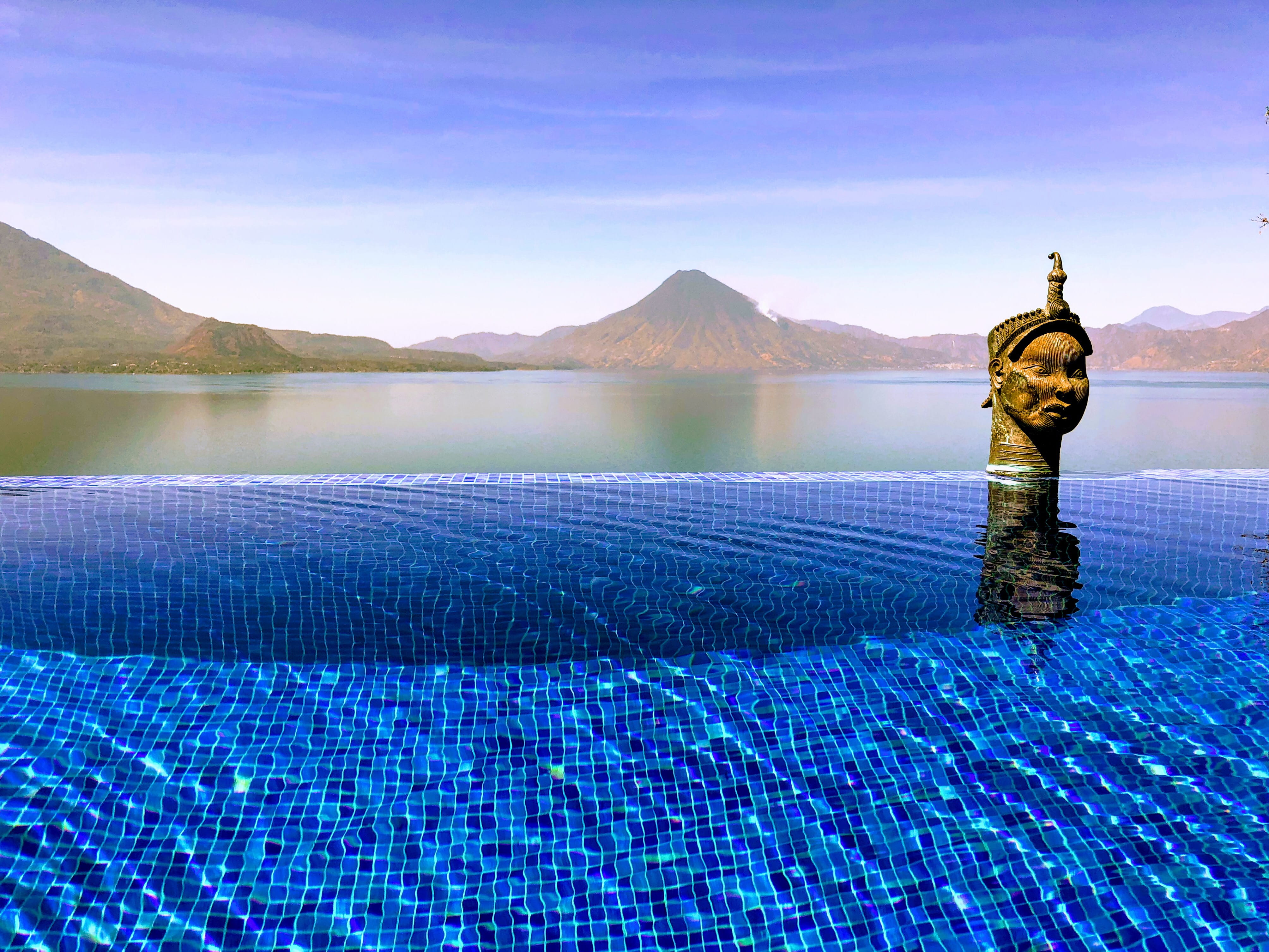 mountain range, swimming pool, 4K, outside, flora, water, surrounded, mountain peak, mountain, sunlight, vacantion, nature, scenics - nature, body, lake, HD Wallpaper