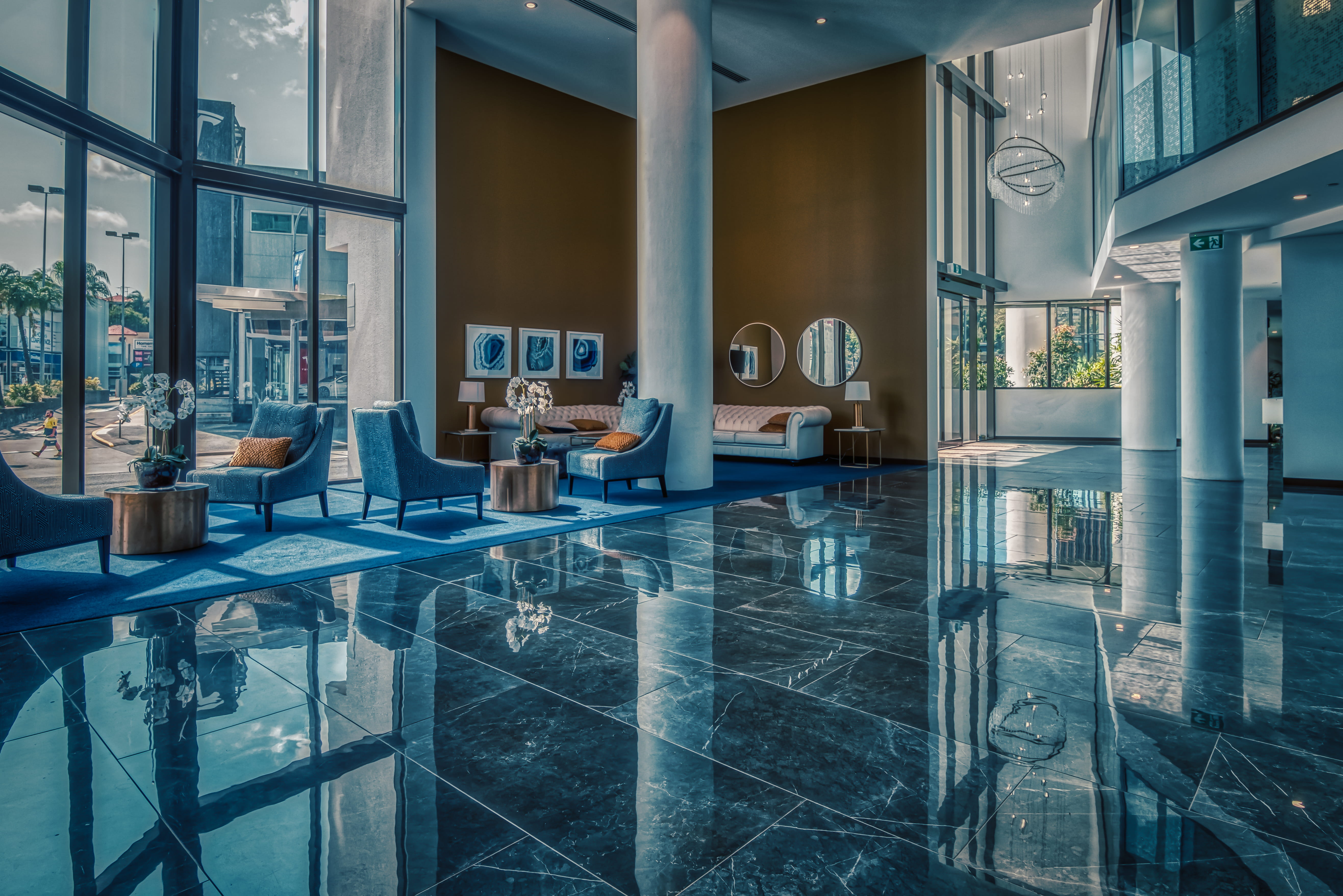 city, reflection, swimming pool, office, banister, transparent, interior, tiled floor, hotel, architecture, building, window, flooring, modern, furniture, HD Wallpaper