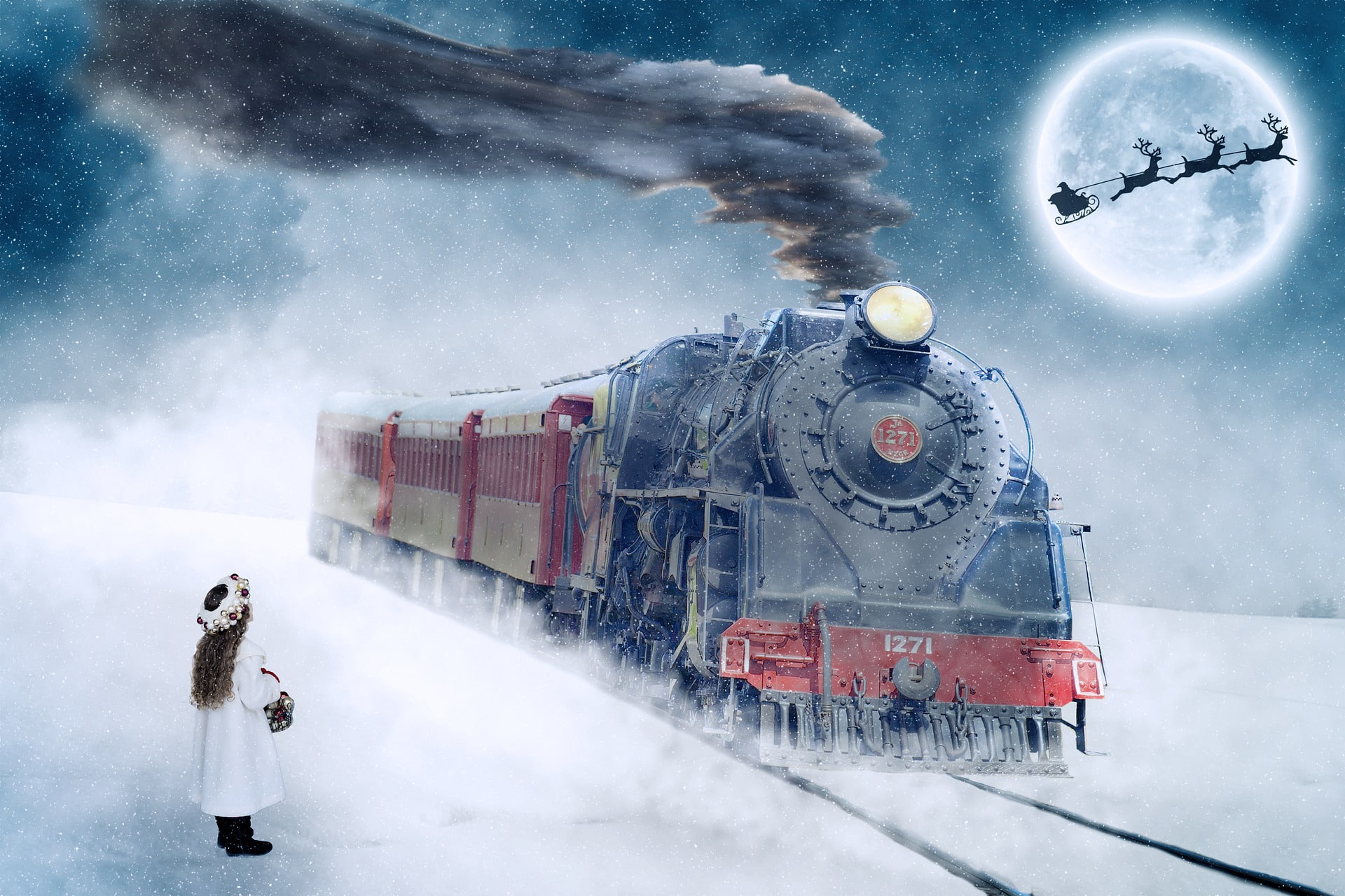 1080P, Sled, Child, Christmas, Moon, Reindeer, Train, Santa, Holiday, HD Wallpaper