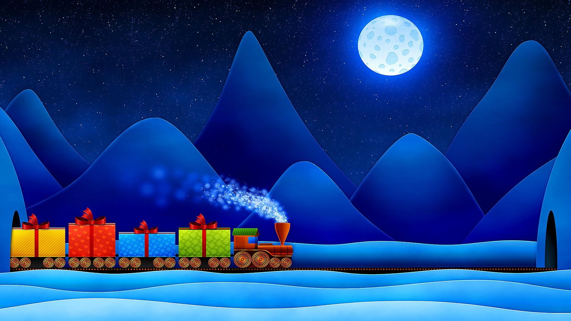 night, moonlight, digital composite, blue, 1080P, celebration, full moon, landscape, star - space, illuminated, no people, outdoors, winter, christmas, HD Wallpaper
