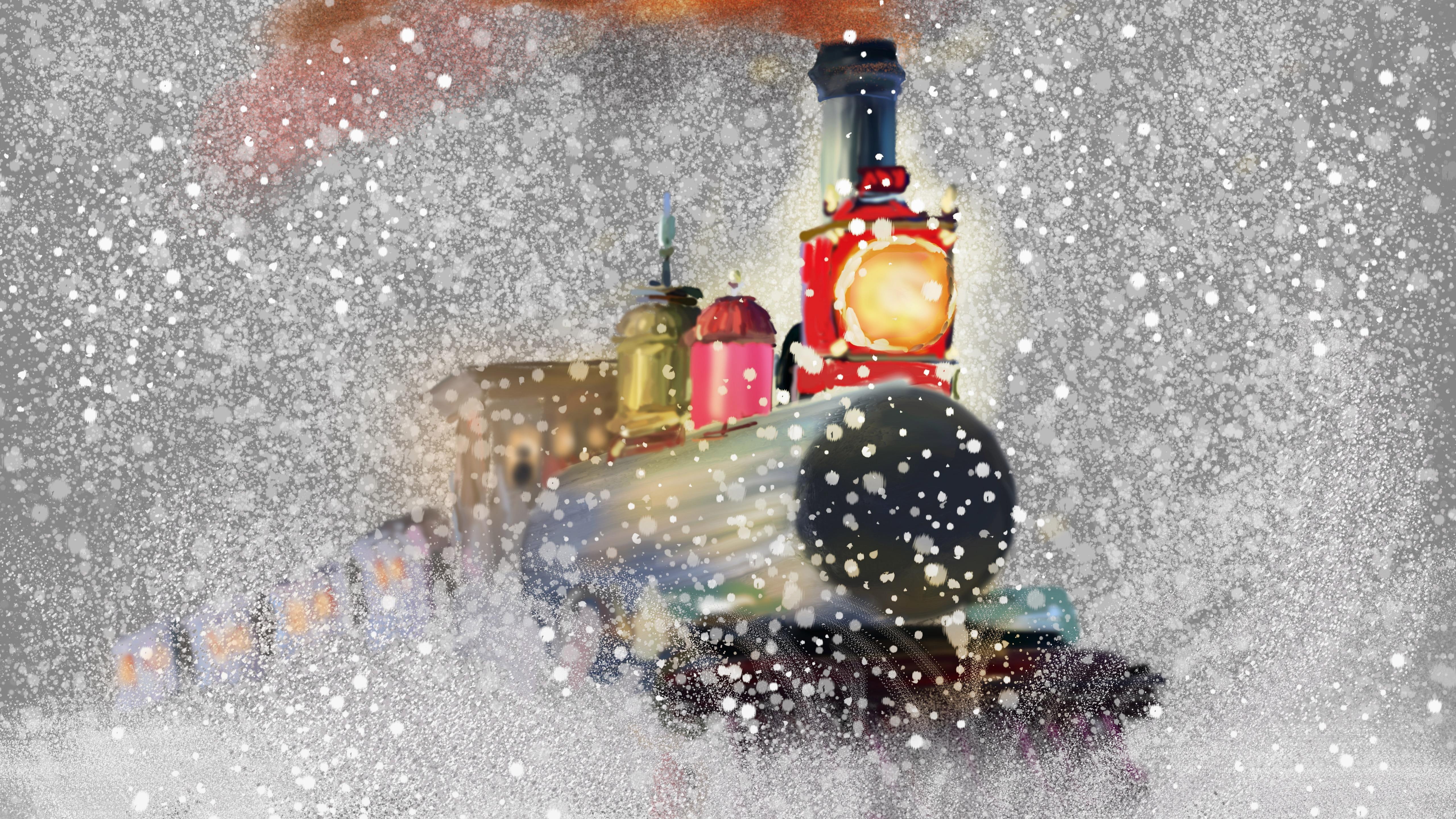 christmas, snowing, 5K, locomotive, painting art, snowfall, artwork, steam locomotive, snowflakes, painting, steam train, wintertime, train, winter, snow, HD Wallpaper