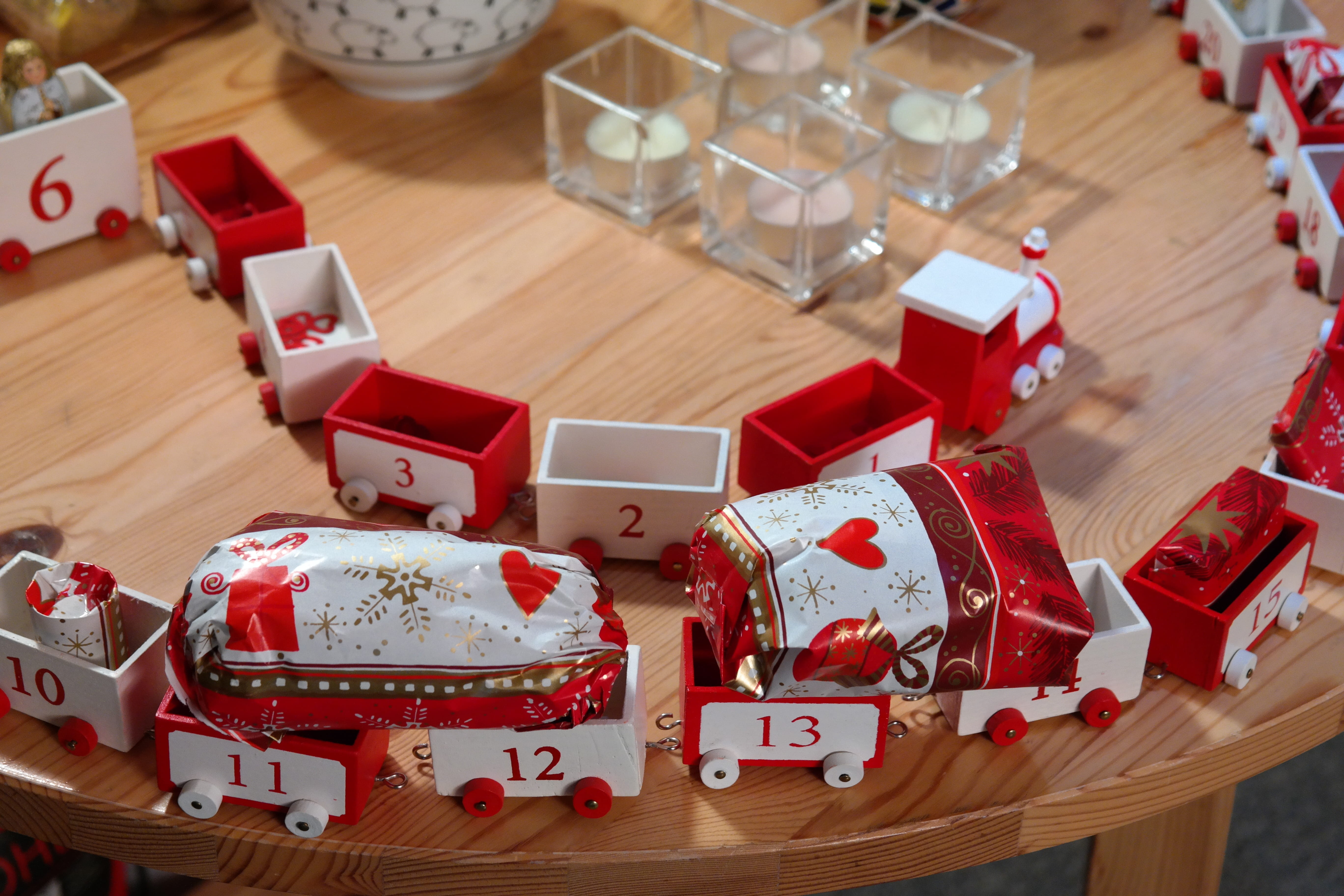 gift, christmas, indoors, still life, box, red, train, no people, box - container, holiday - event, surprise, packed, Advent Calendar, decoration, table, HD Wallpaper