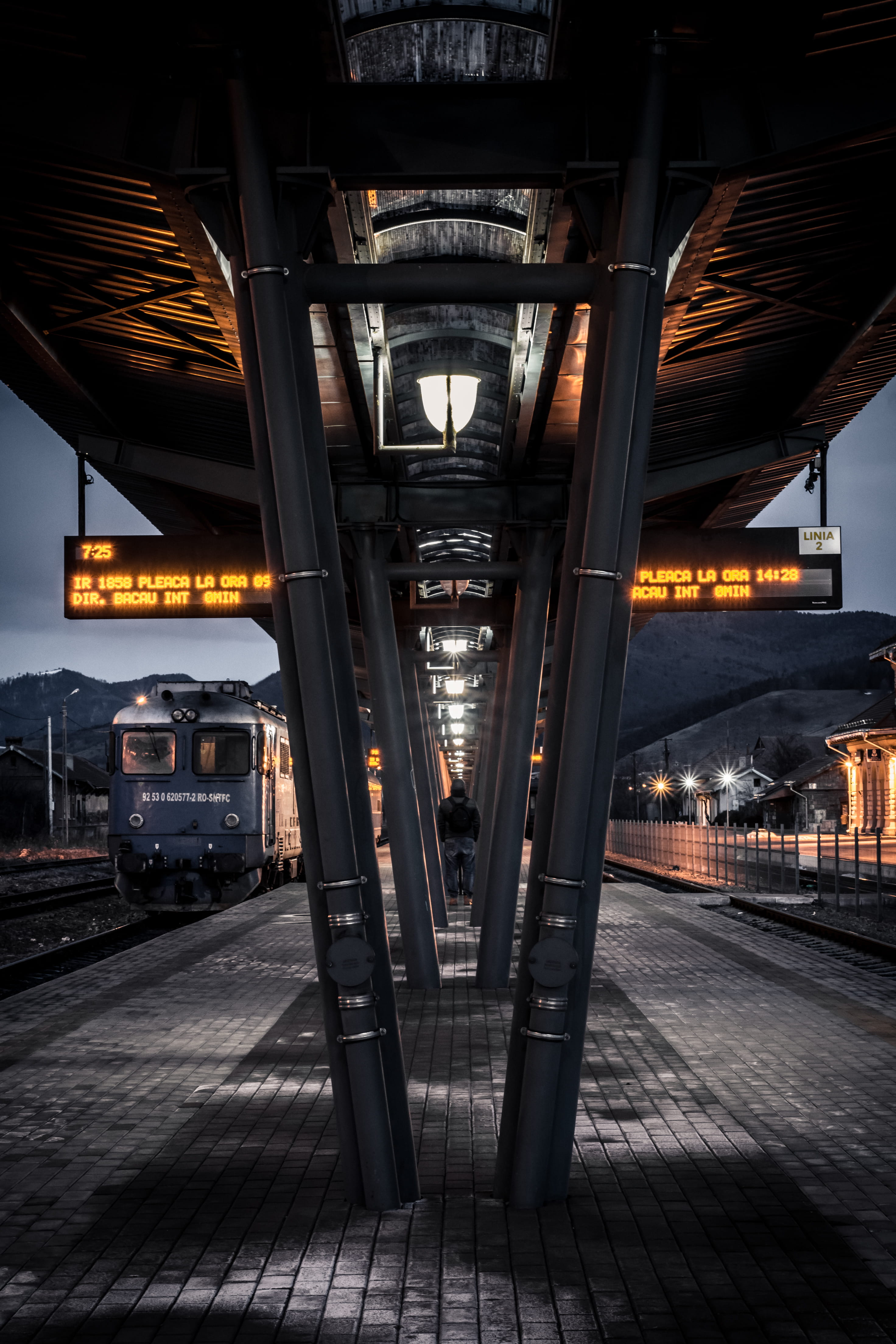 land vehicle, transportation, bridge - man made structure, railway, rail transportation, train track, vehicle, illuminated, walkway, piatraneamt, direction, Phone HD Wallpaper
