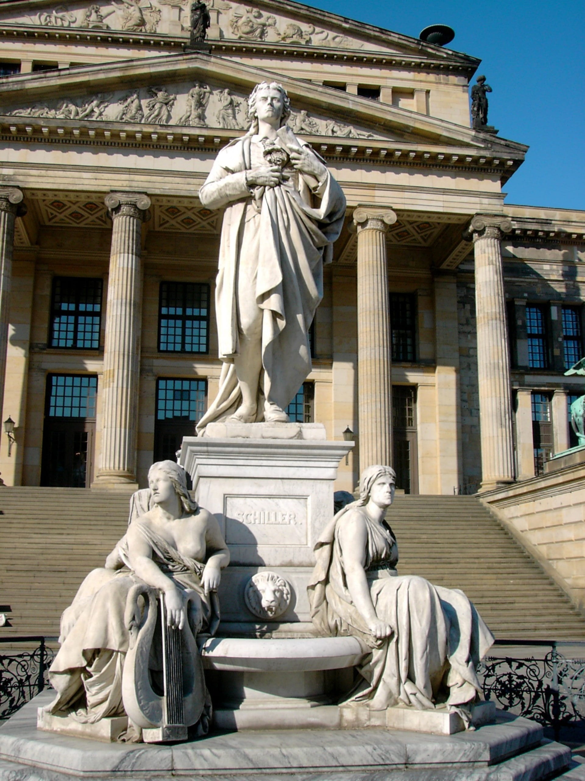 built structure, government, male likeness, gendarmenmarkt, the past, craft, city, history, architectural column, outdoors, schauspielhaus, monument to schiller, Phone HD Wallpaper