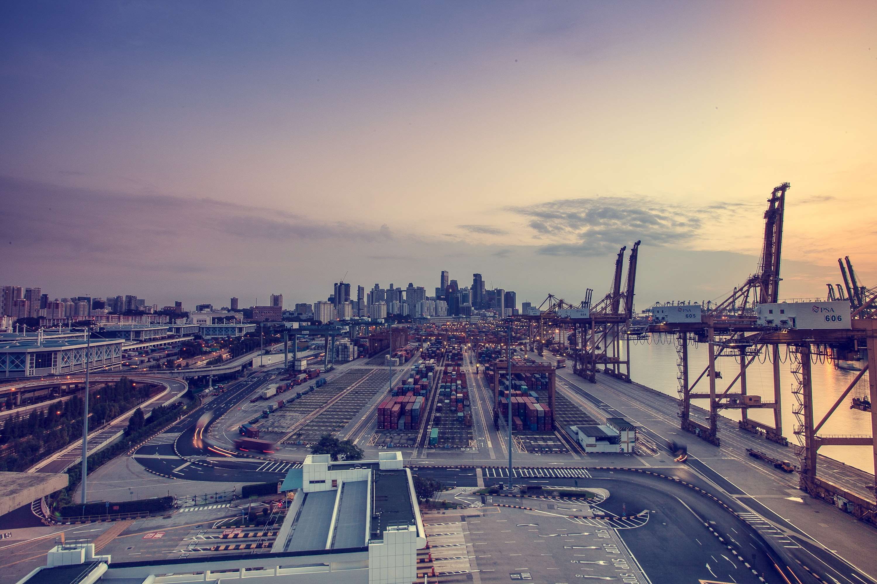 modern, high angle view, container, dawn, dock, landscape, sunset, ship, buildings, cloud - sky, building, street, multiple lane highway, river, sky, crane, HD Wallpaper
