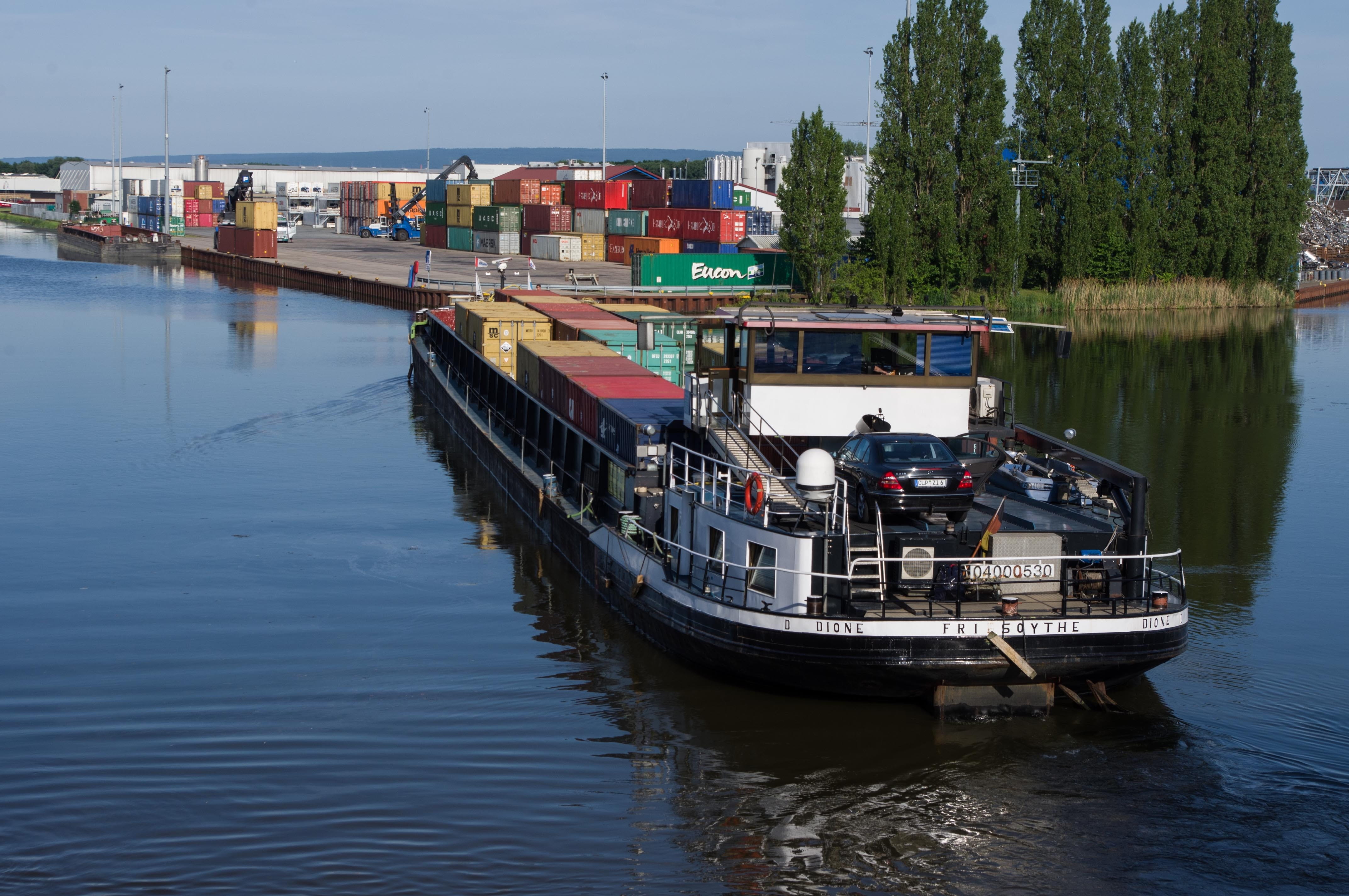 nautical vessel, mode of transportation, incidental people, water, on the go, river, plant, tree, moored, container, shipping, outdoors, industry, sky, HD Wallpaper