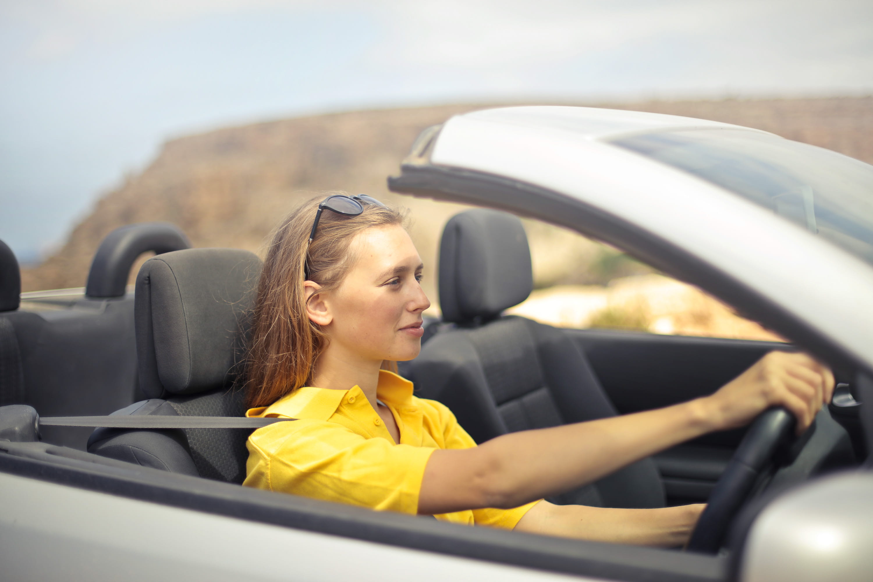 hairstyle, shirt, profile view, women, car, transportation, beautiful woman, silver, sleeved, side view, smiling, happiness, motor vehicle, driver seat, HD Wallpaper