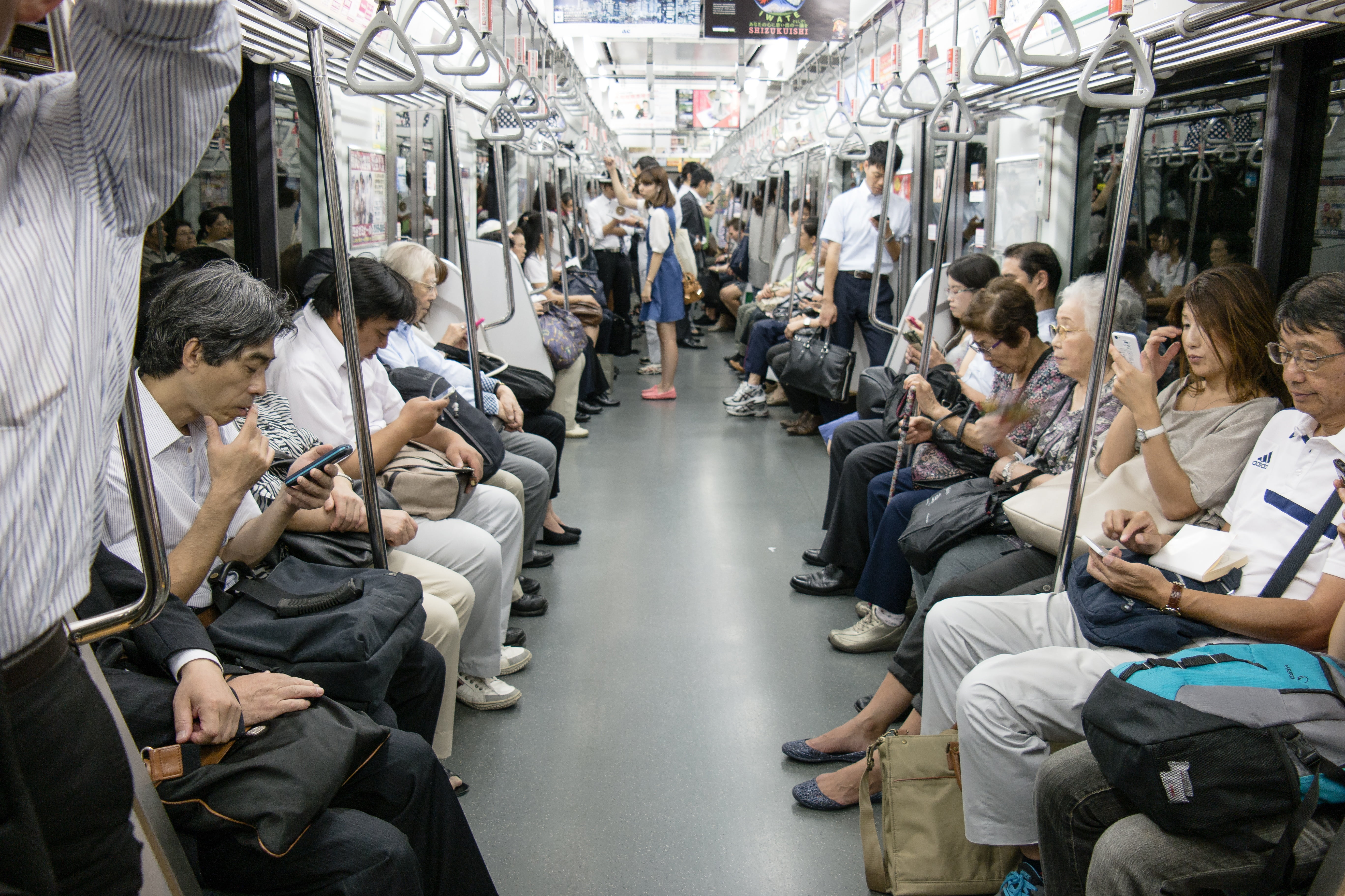 train, inside, modern, human, public transportation, subway train, compartment, vehicle interior, 5K, tokyo, smartphone, travel, women, transportation, HD Wallpaper