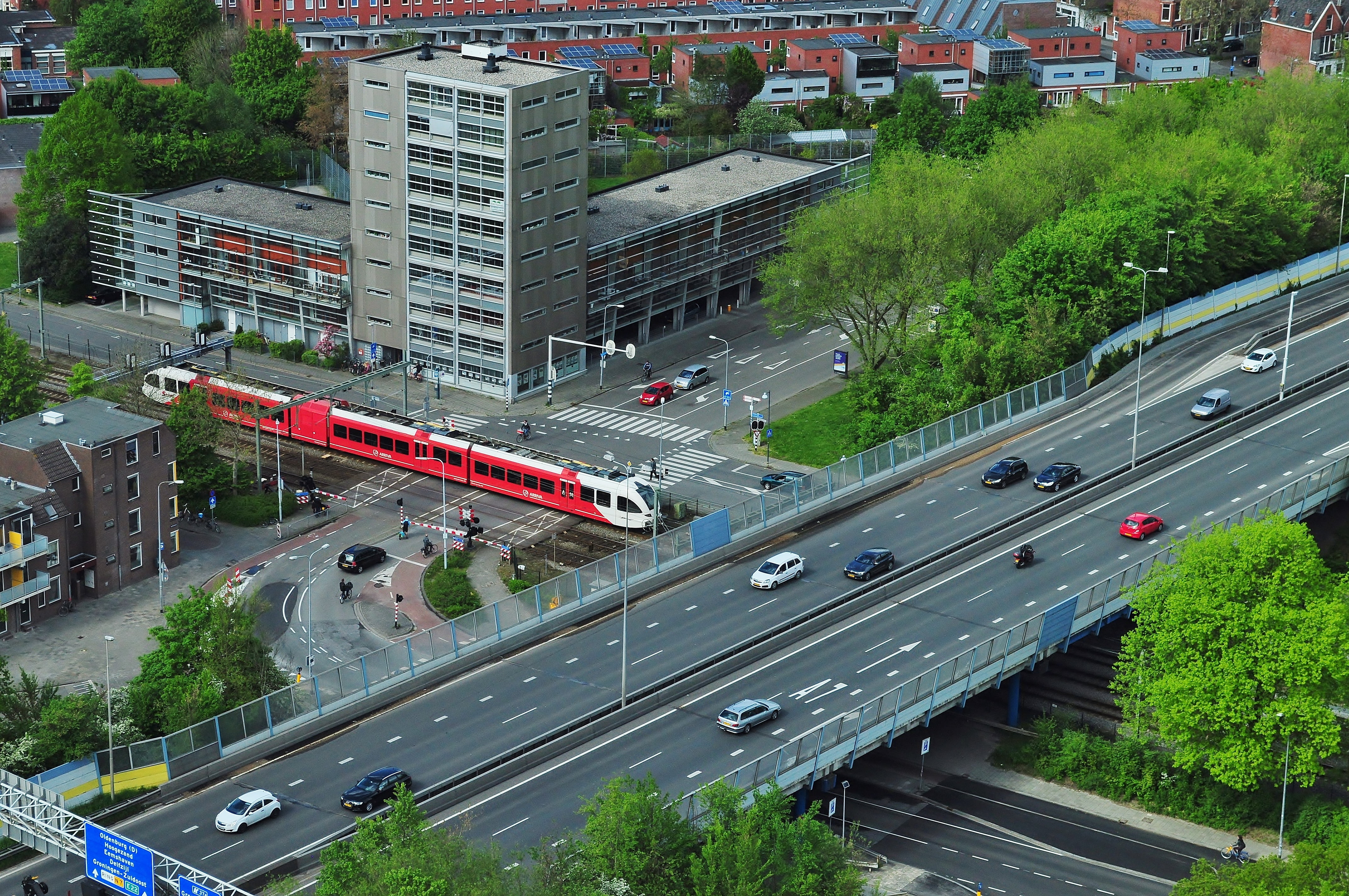driving, streets, overpass, land vehicle, cars, urban Scene, symbol, urban, trucks, car, buildings, multiple lane highway, high angle view, train, automobiles, HD Wallpaper