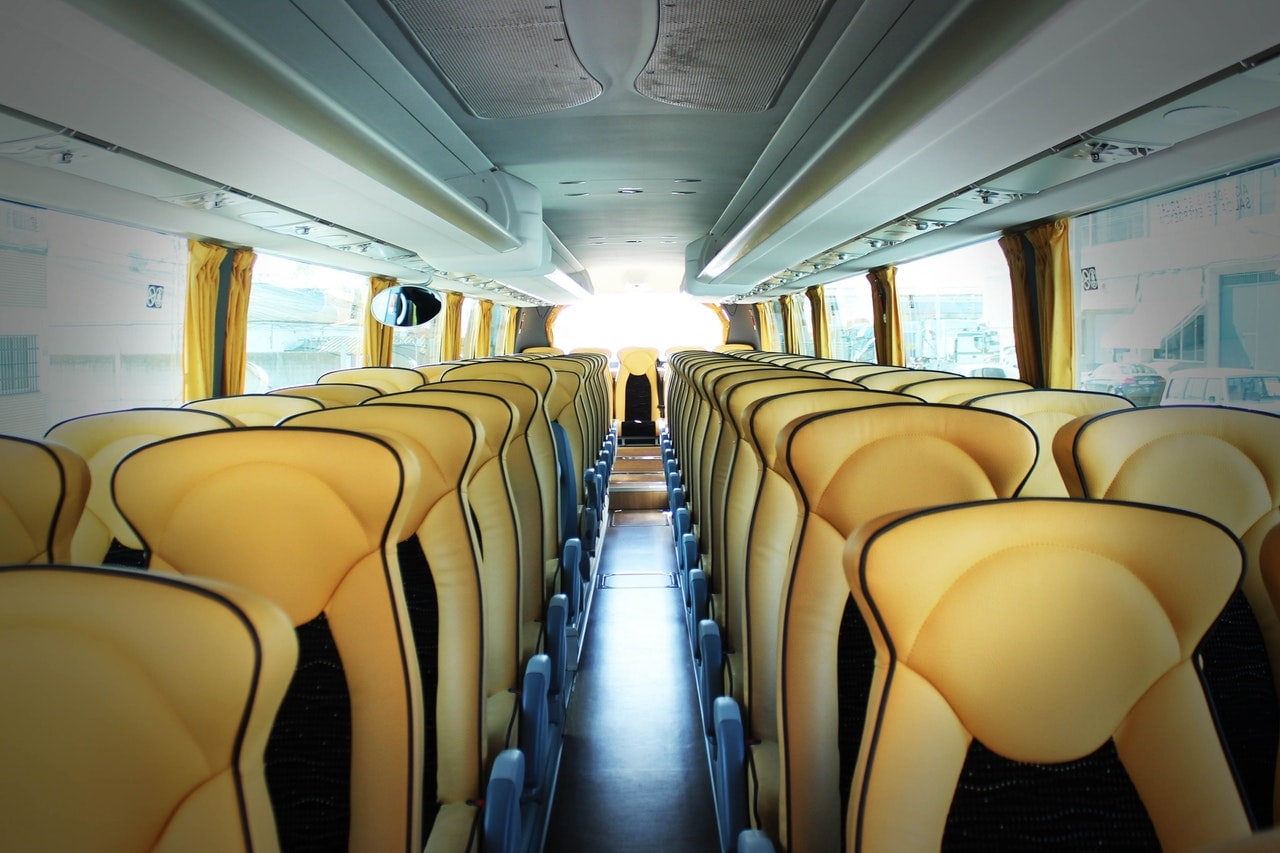 empty, Travel, no people, Bus, in a row, day, mode of transportation, absence, aisle, Transport, transportation, public transportation, 720P, seat, vehicle interior, HD Wallpaper