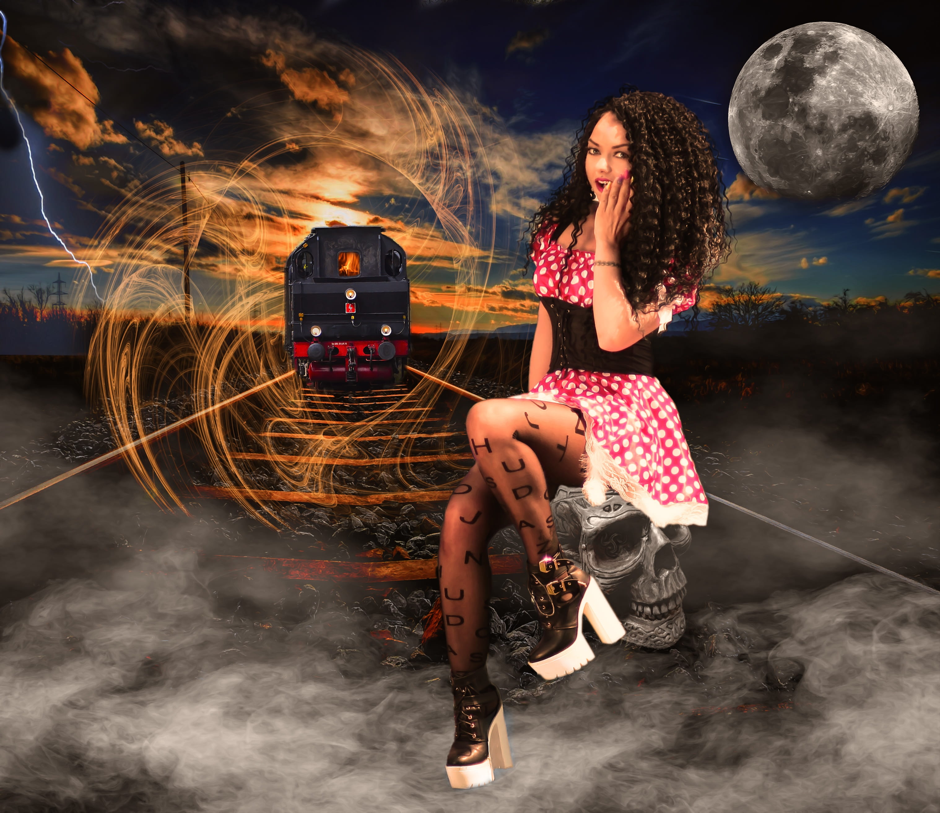full length, females, female, activity, outdoors, casual clothing, holding, women, painting, train, pretty, 2K, smoke, dramatic, digital composite, moon, HD Wallpaper