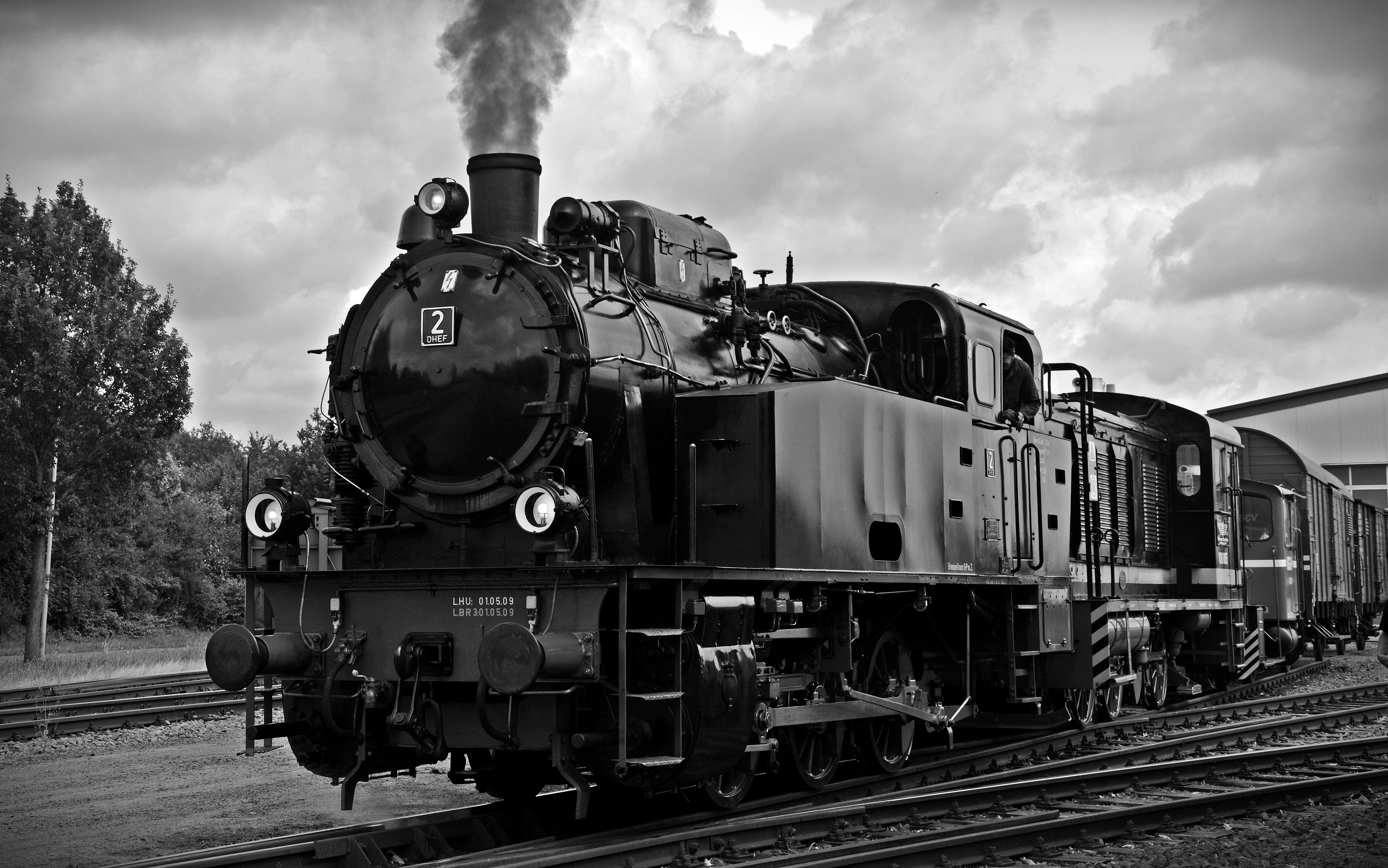 day, cloud - sky, train - vehicle, nature, transportation, railroad car, smoke - physical structure, no people, 5K, monochrome, steam, railroad track, HD Wallpaper