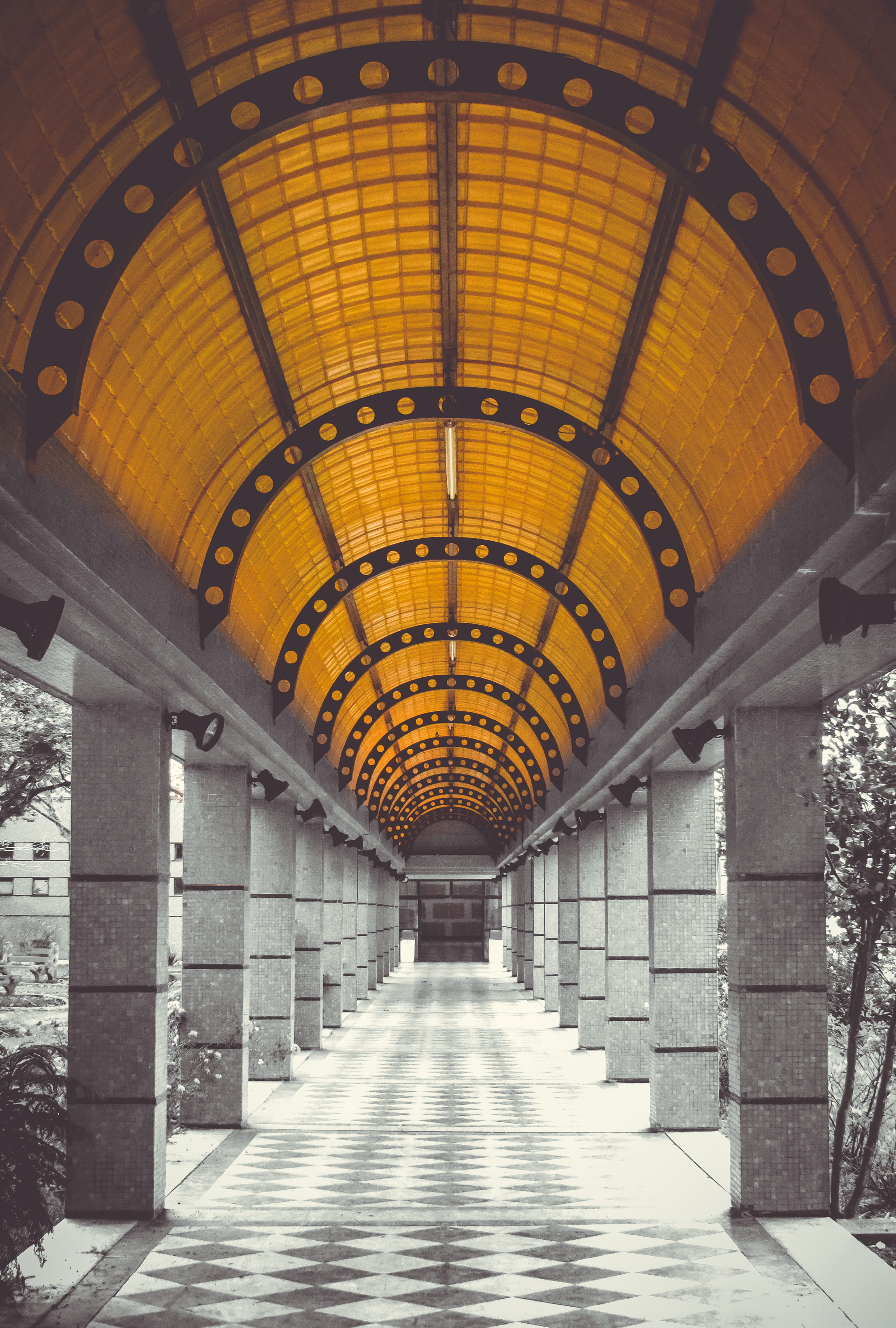 the past, peace, 4K, urban, architecture, station, built structure, city, the way forward, yellow, forest, no people, architectural column, arch, pattern, Phone HD Wallpaper