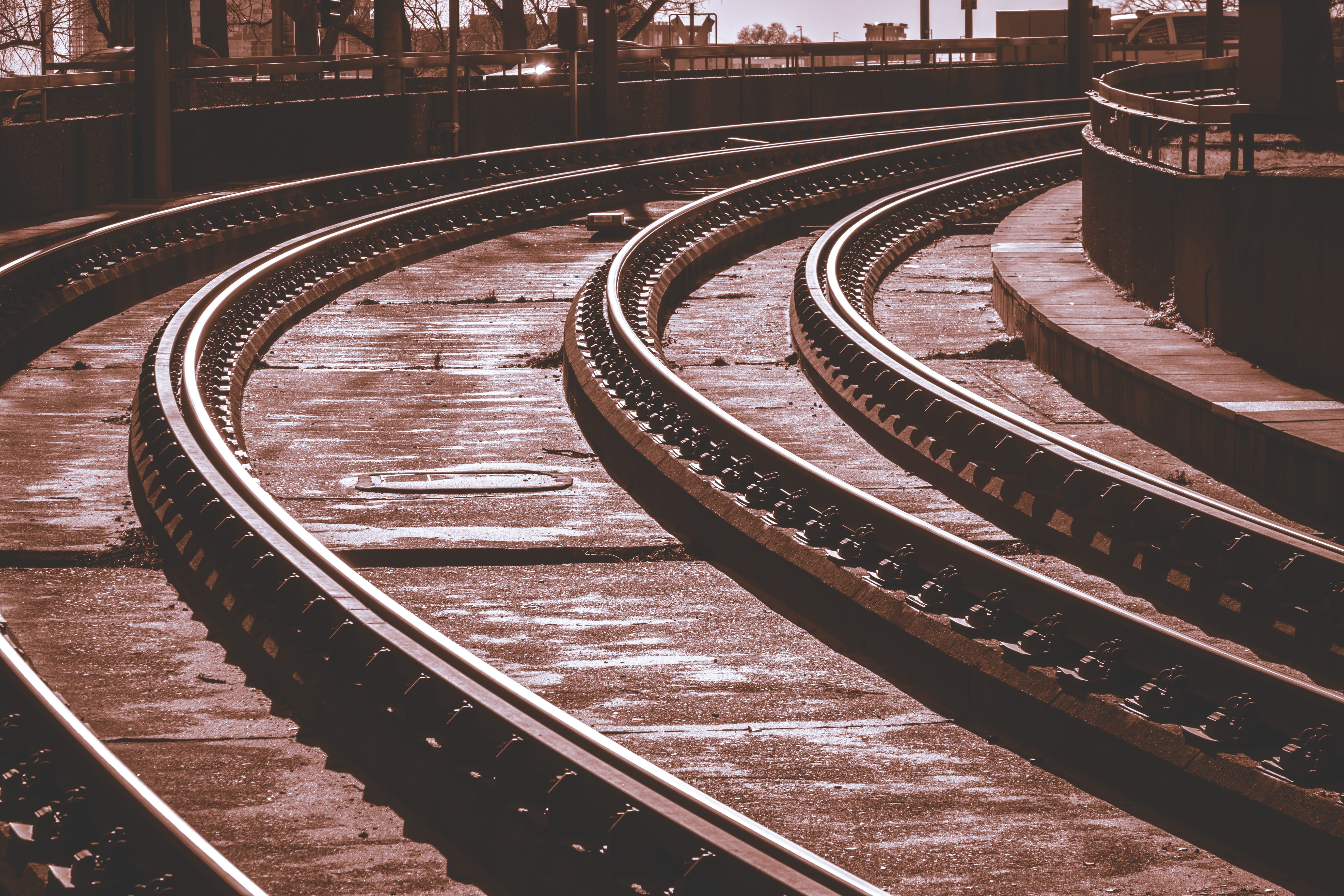 5K, railway, railroad station platform, connection, rails, railroad tracks, sunlight, day, tram, no people, transportation, built structure, building exterior, HD Wallpaper