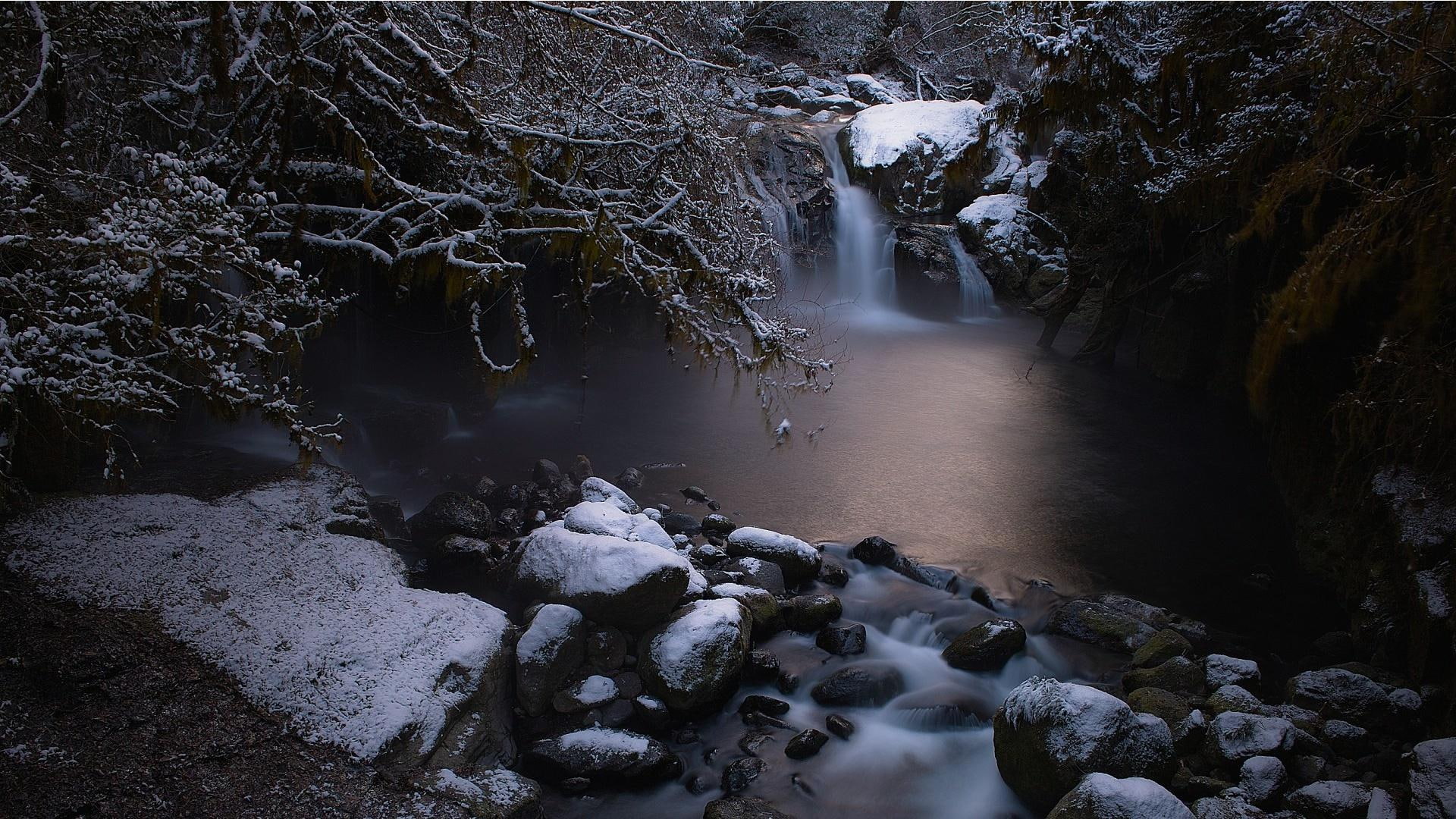 photo, nature and landscapes, pool, time, rocks, winter, trees, 1080P, waterfalls, poll, lapse, HD Wallpaper