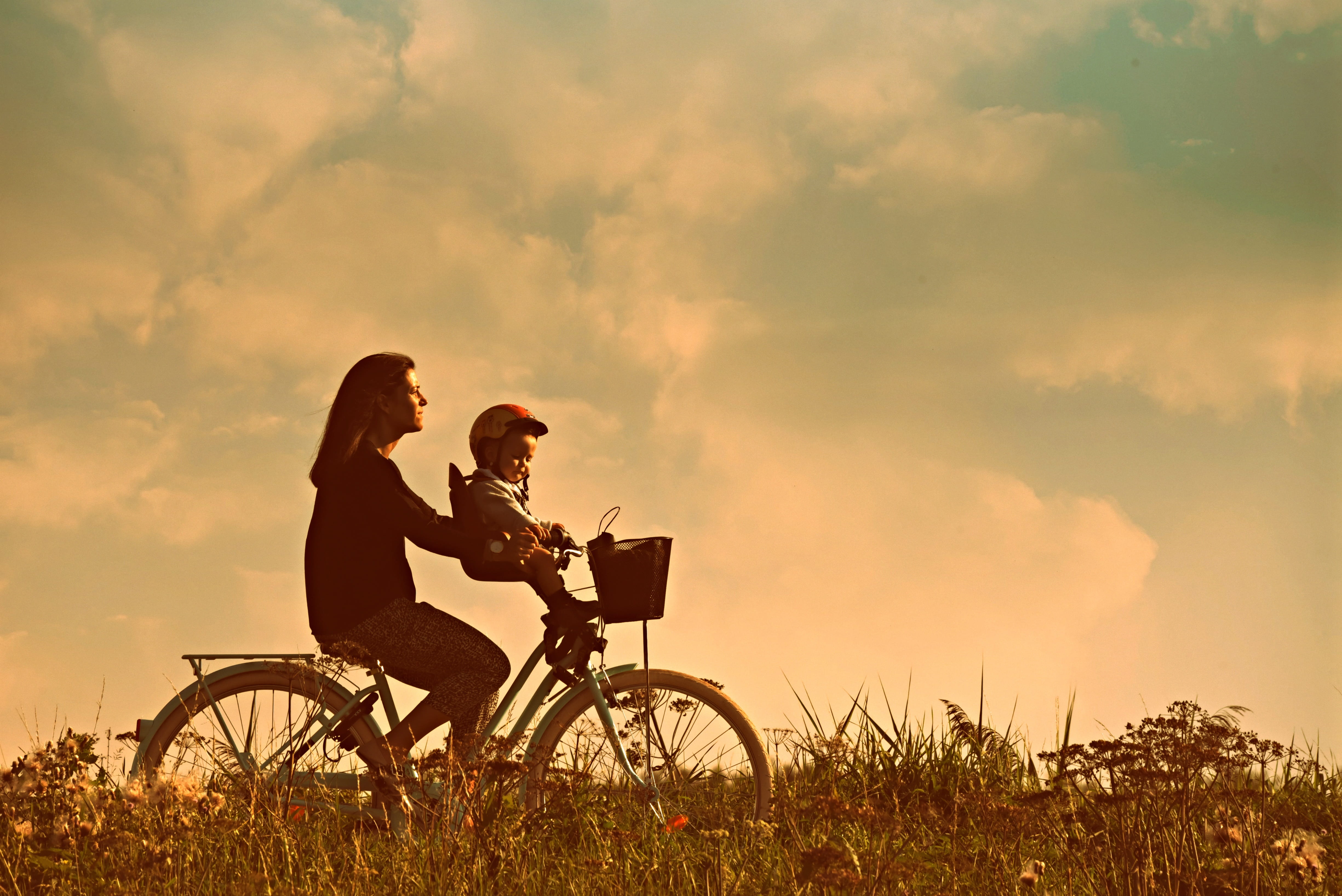 lifestyles, going somewhere, field, person, nature, sunset, woman, land, mother, bicycle, women, outdoors, cloud - sky, destination, men, transportation, HD Wallpaper