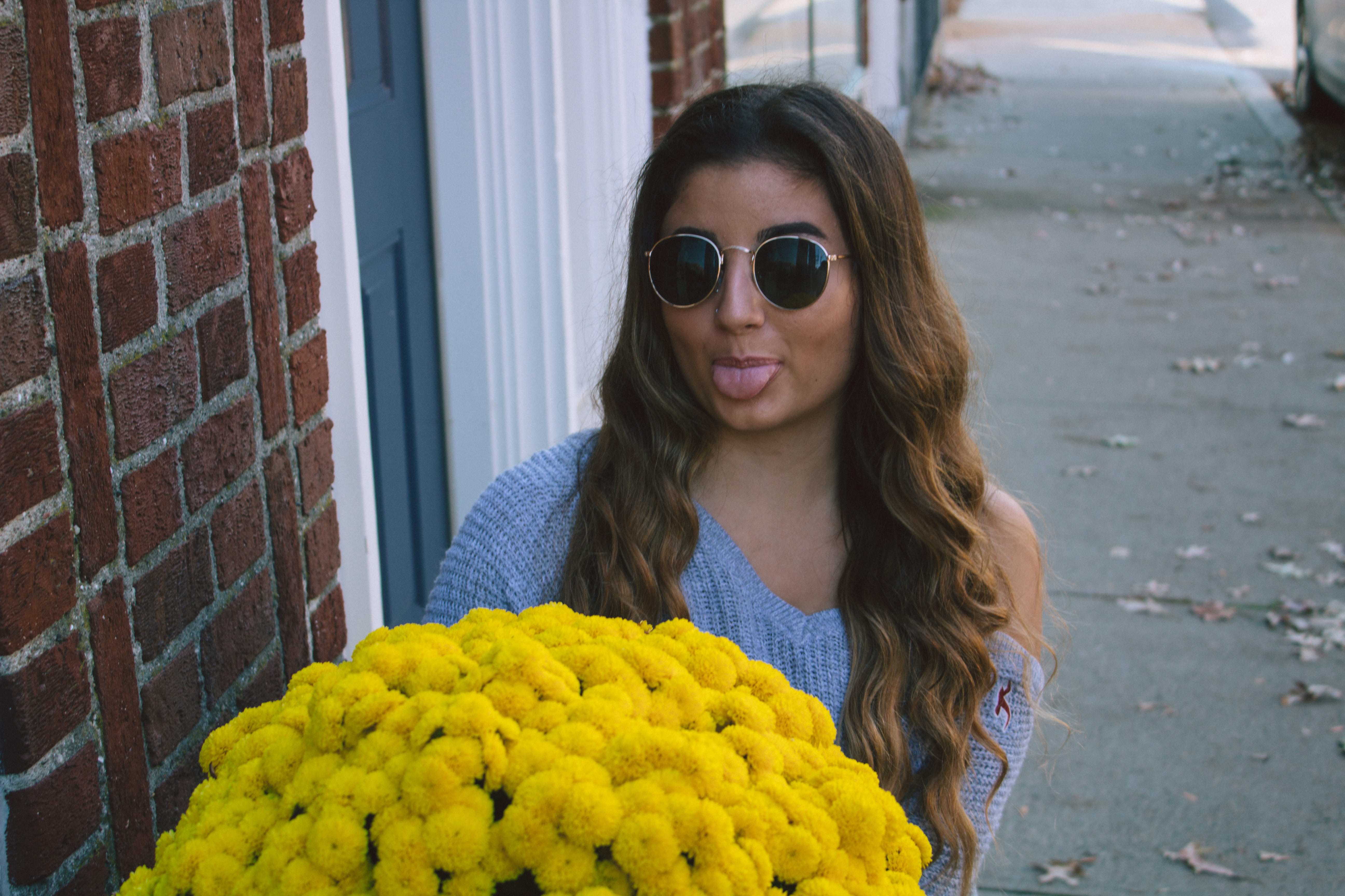 eyes, smiling, bud, leisure activity, brown hair, casual clothing, glasses, long hair, brick, pollen, rose, portrait, tounge, front view, real people, seasons, HD Wallpaper