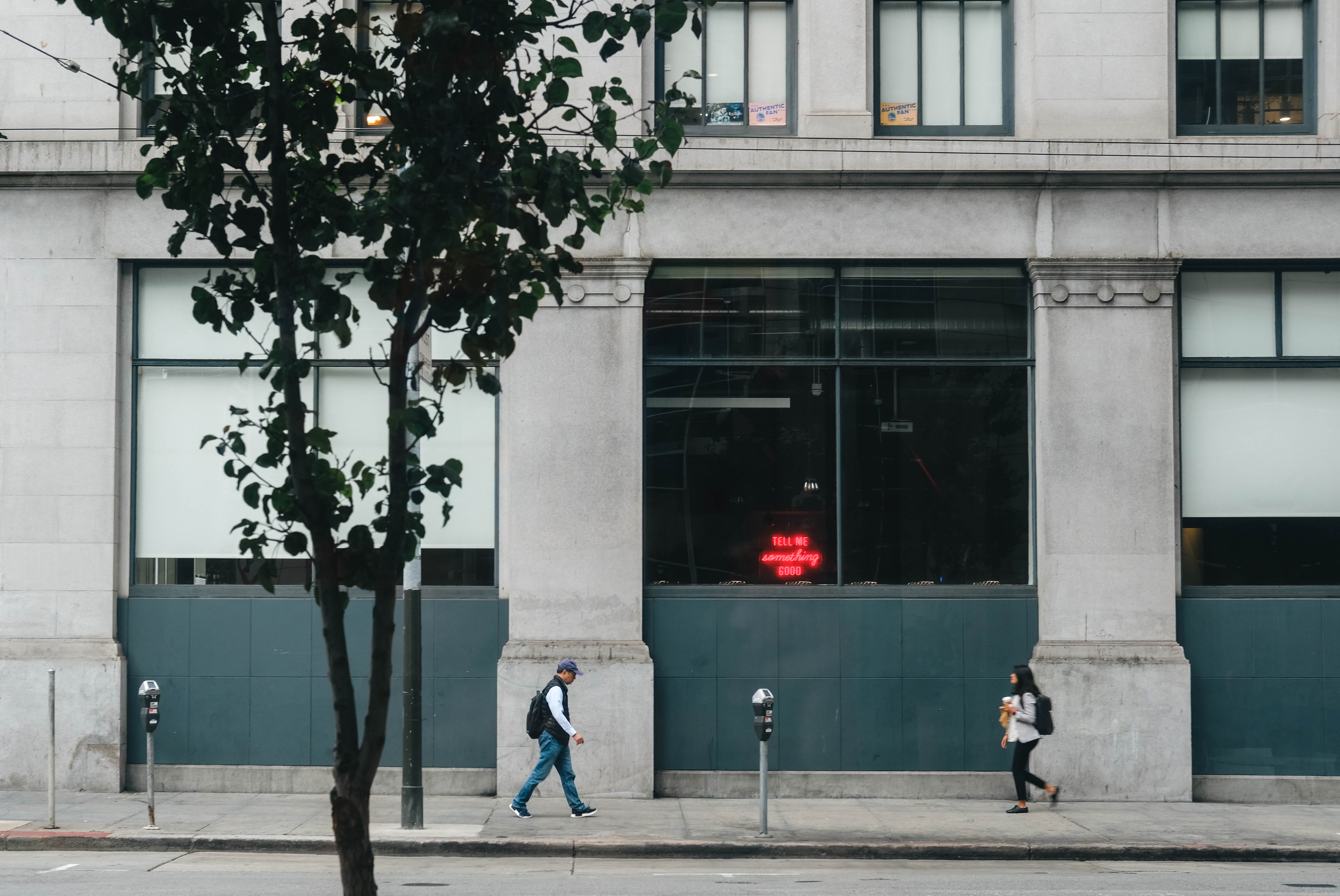 men, sidewalk, plant, grey, built structure, commute, blind, leafed, nature, neon, urban, real people, lifestyles, view, autumn, people, two people, full length, HD Wallpaper