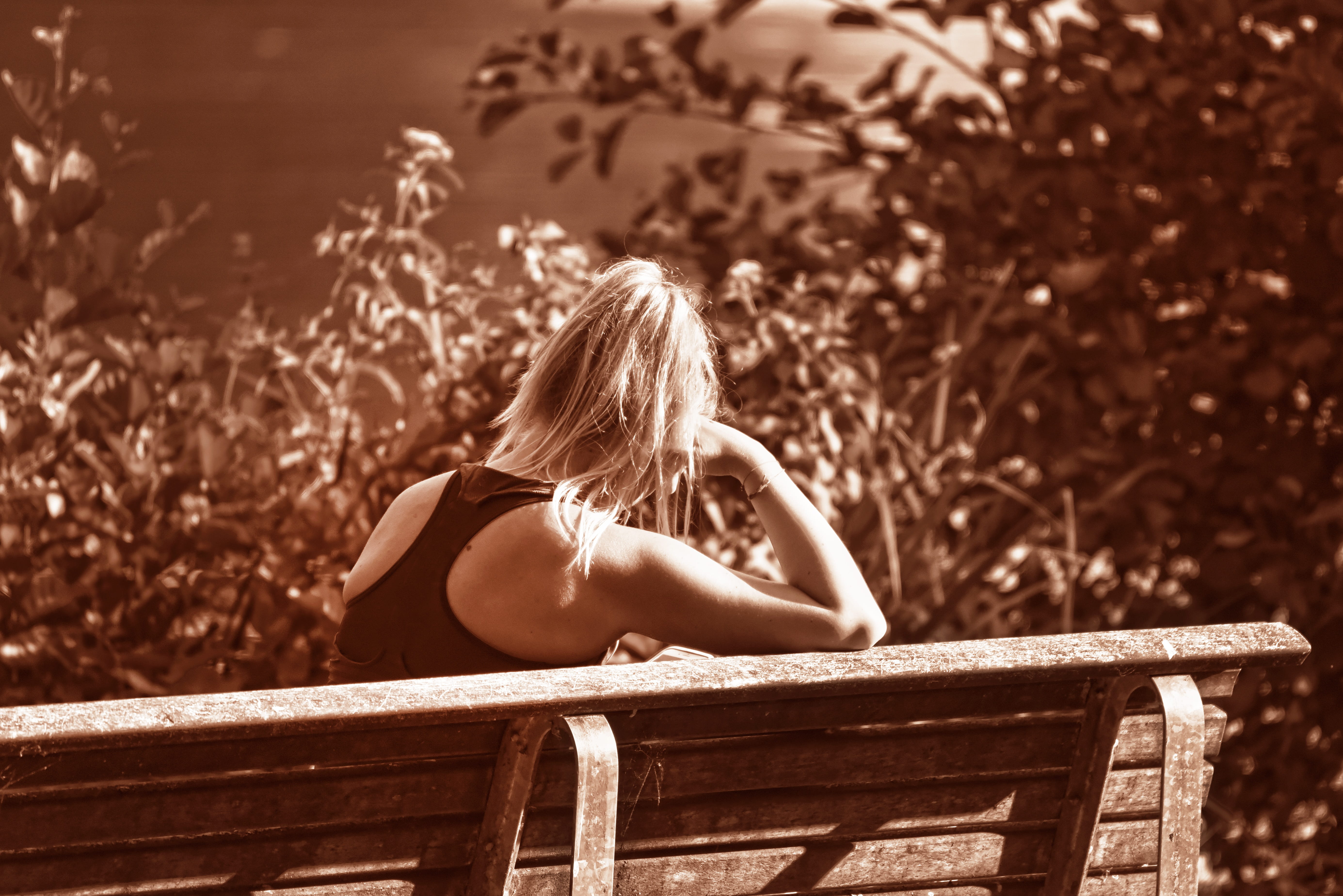 beautiful woman, relaxation, by herself, adult, young, wood - material, young adult, alone, day, 5K, women, hair, park, contemplation, bench, looking down, HD Wallpaper