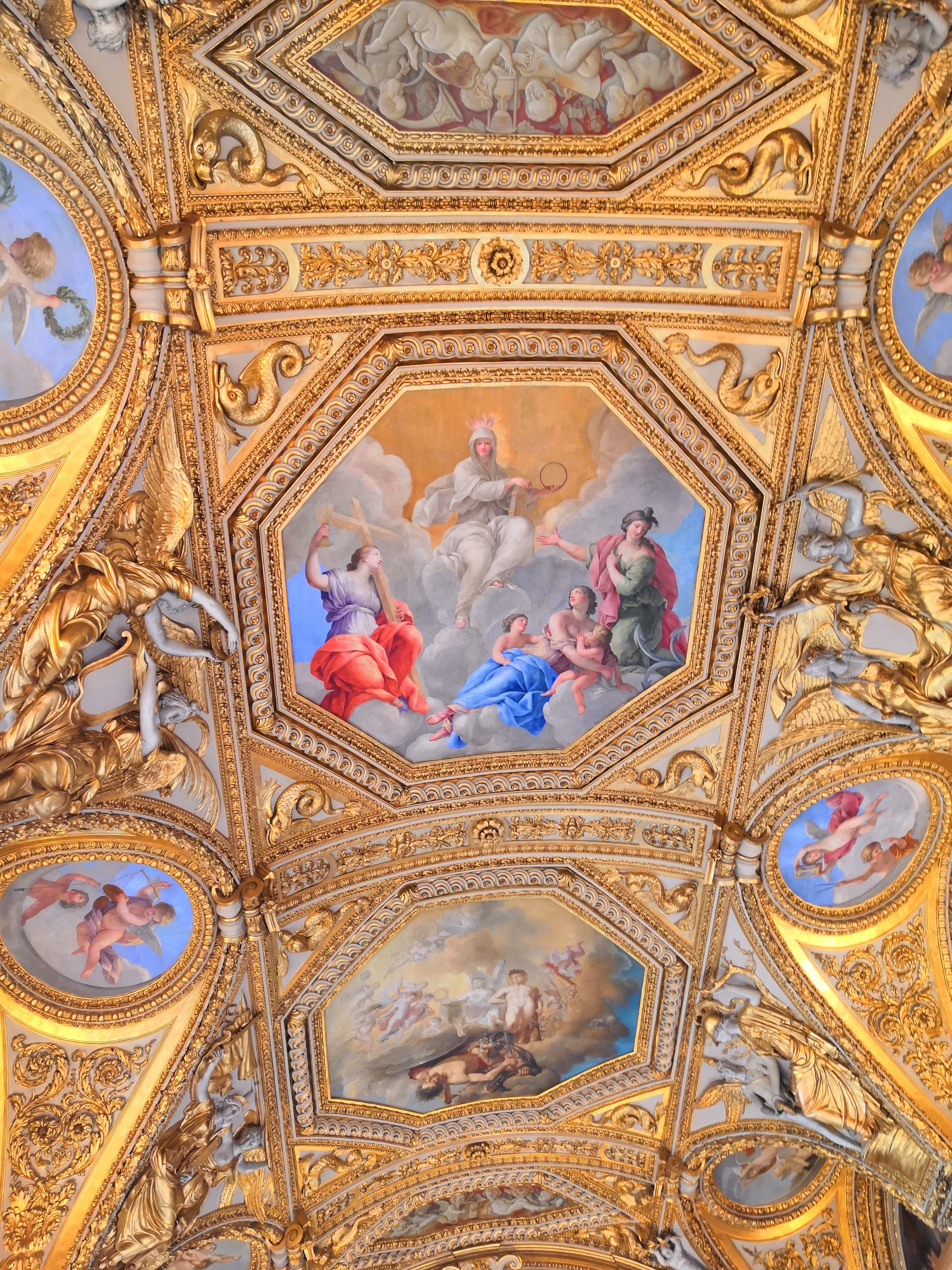 representation, france, building, museum, paintings, ceiling, gold, indoors, built structure, decorations, no people, architecture, art and craft, history, Phone HD Wallpaper