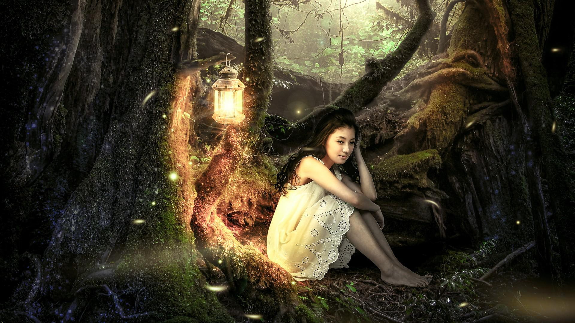 beautiful, 1080P, trees, beautiful mood, lanterns, girl, forest, mood, HD Wallpaper
