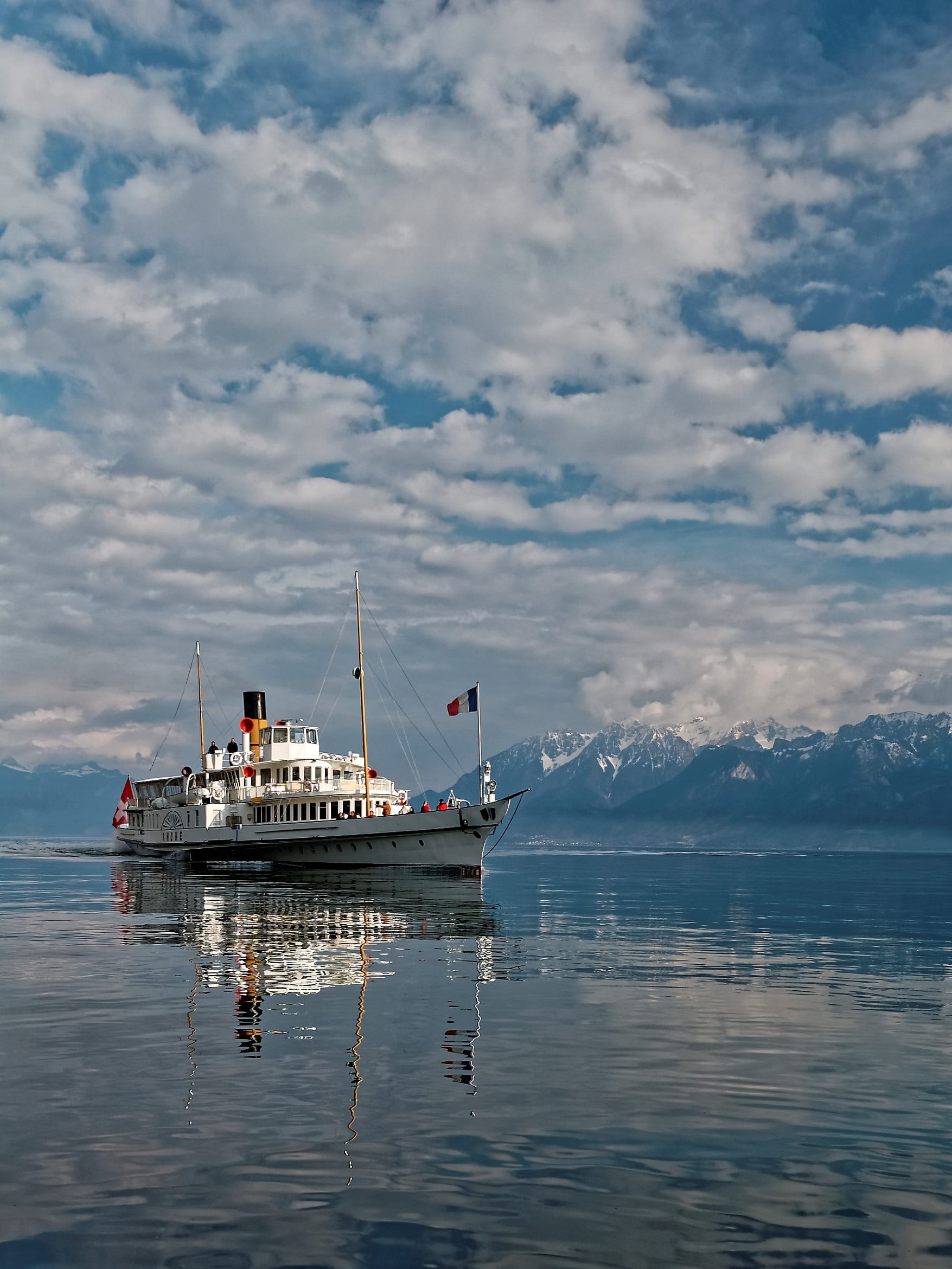 day, scenics - nature, sea, transportation, cruise ship, lutry, mountains, lake, reflection, montreux, leman, travel, snowcapped mountain, non-urban scene, Phone HD Wallpaper