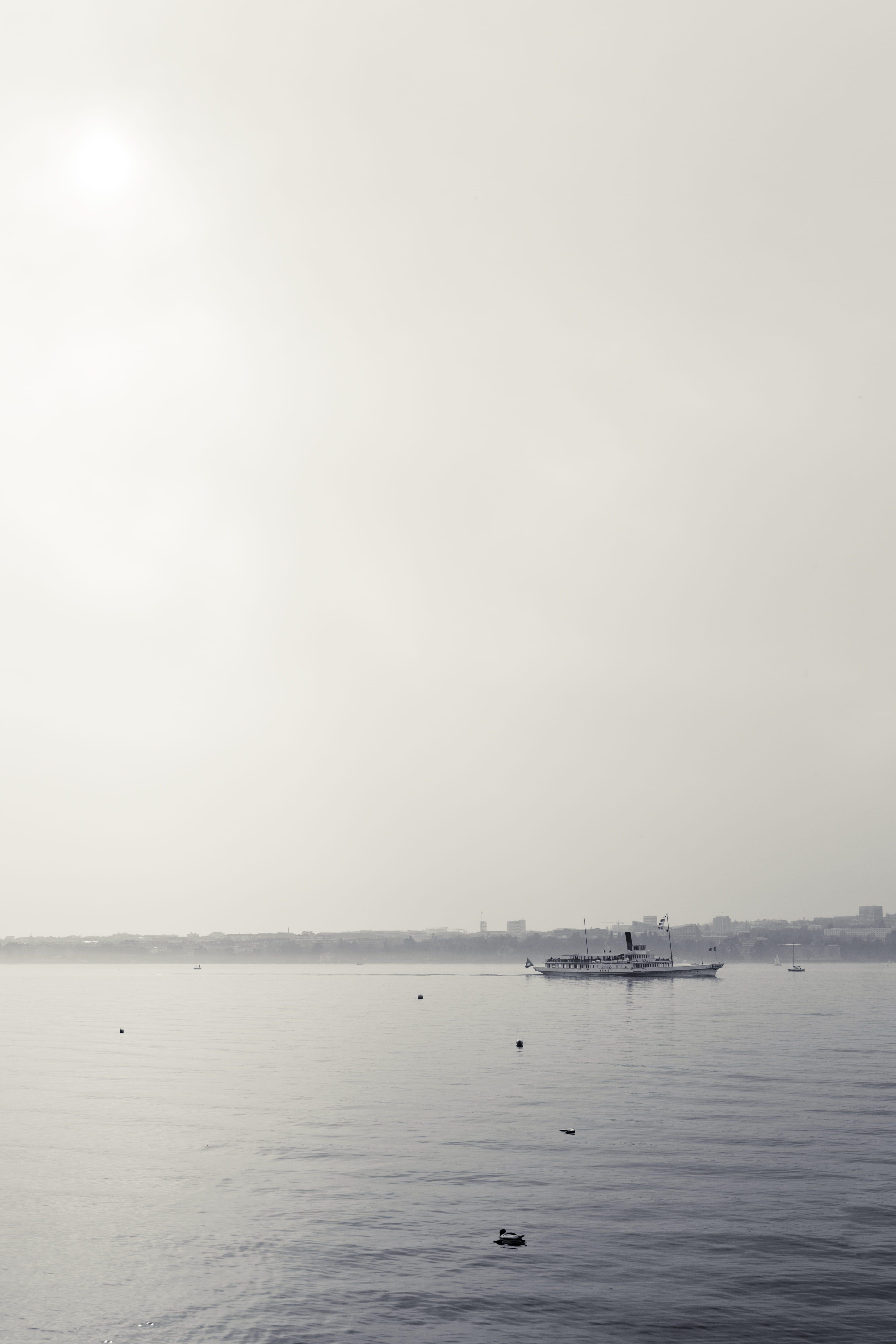 beauty in nature, scenics - nature, nature, copy space, no people, cgn, tranquility, sky, geneva, tranquil scene, boat, fog, mode of transportation, sea, Phone HD Wallpaper