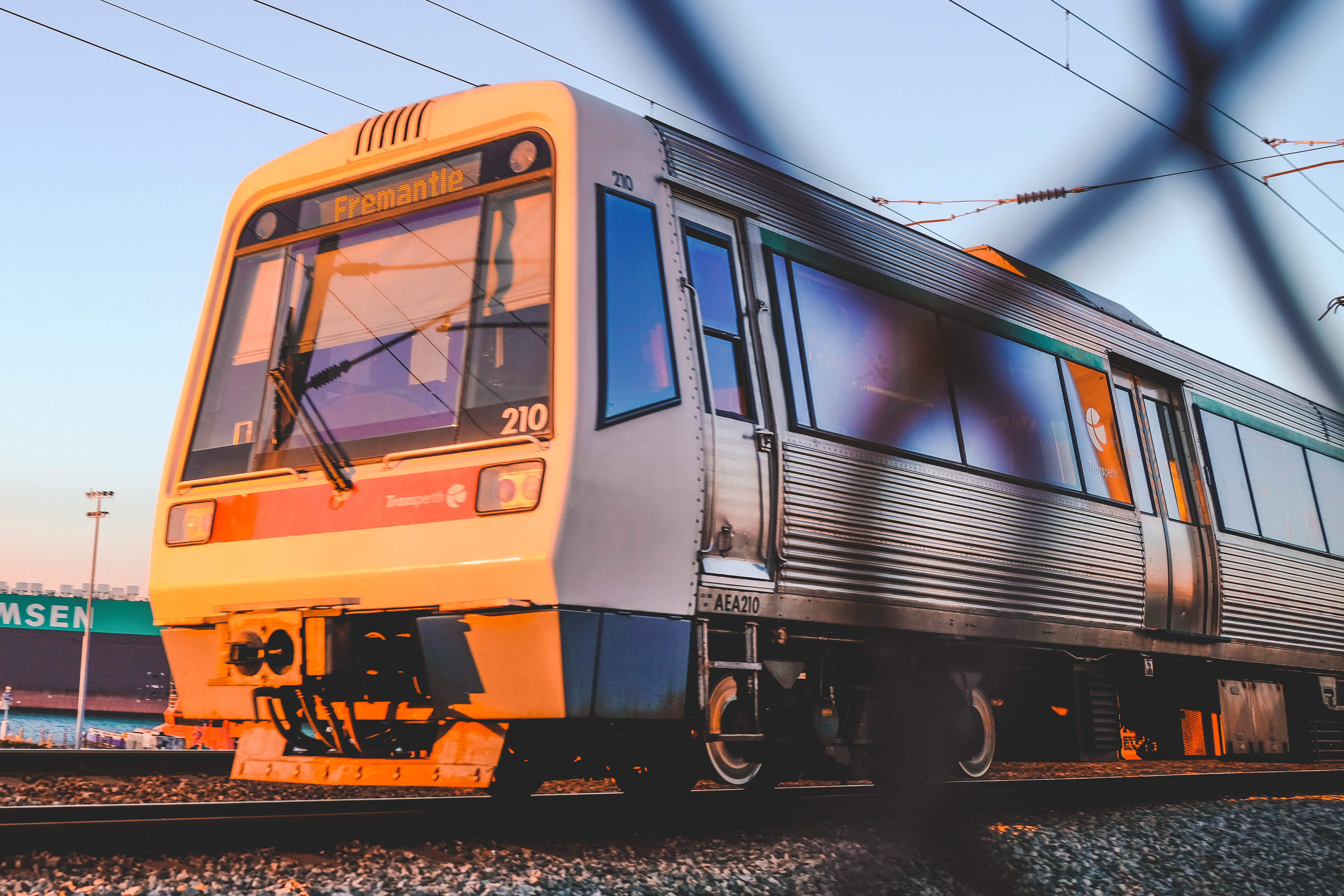no people, low angle view, train, train - vehicle, 5K, fremantle station, yellow, train track, urban, railway, rail, passenger car, public transportation, HD Wallpaper