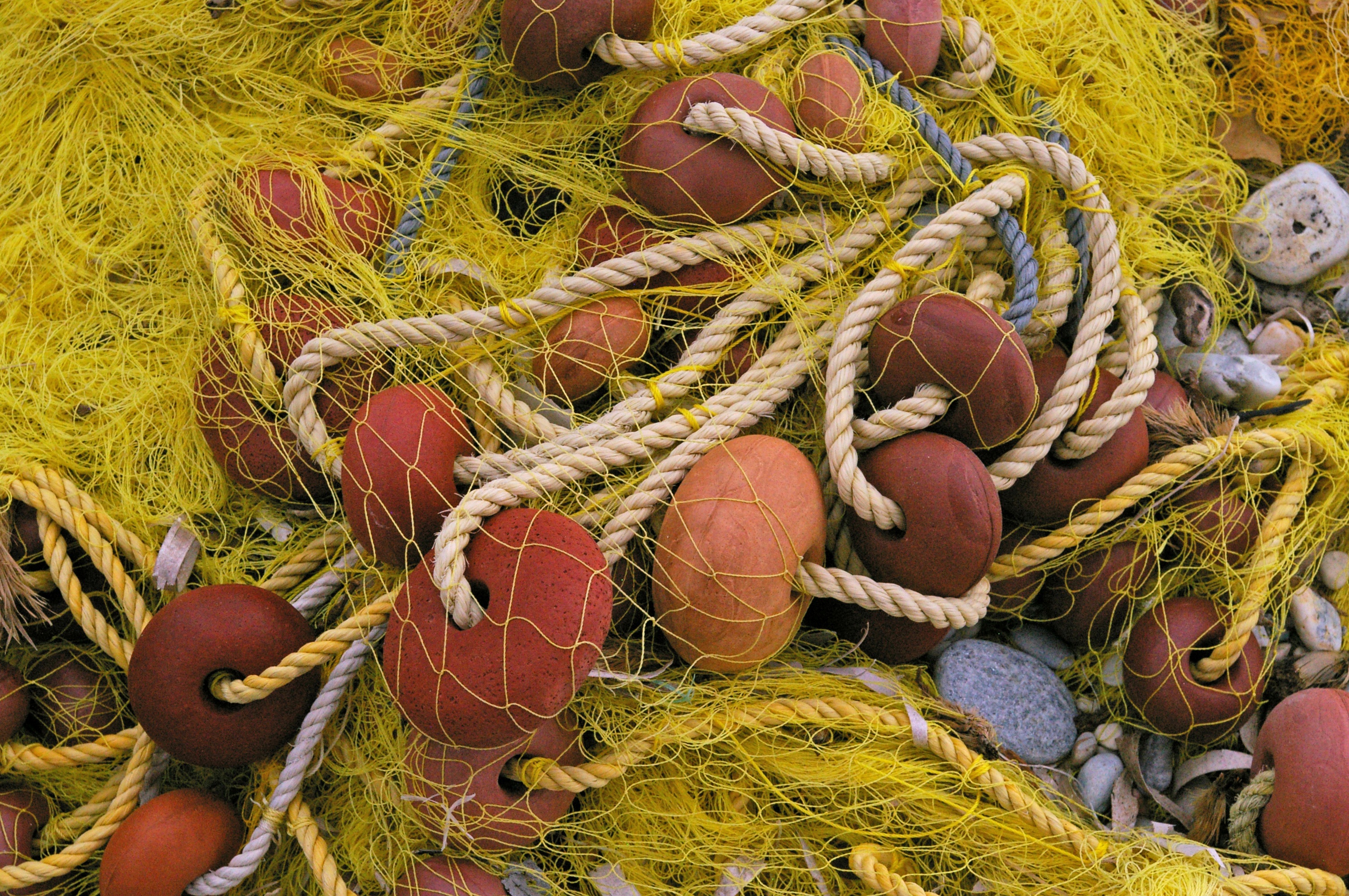 greece, pier, boot, fish, tangled, high angle view, beach, no people, outdoors, still life, rope, buoys, complexity, water, assorted, fishing industry, HD Wallpaper