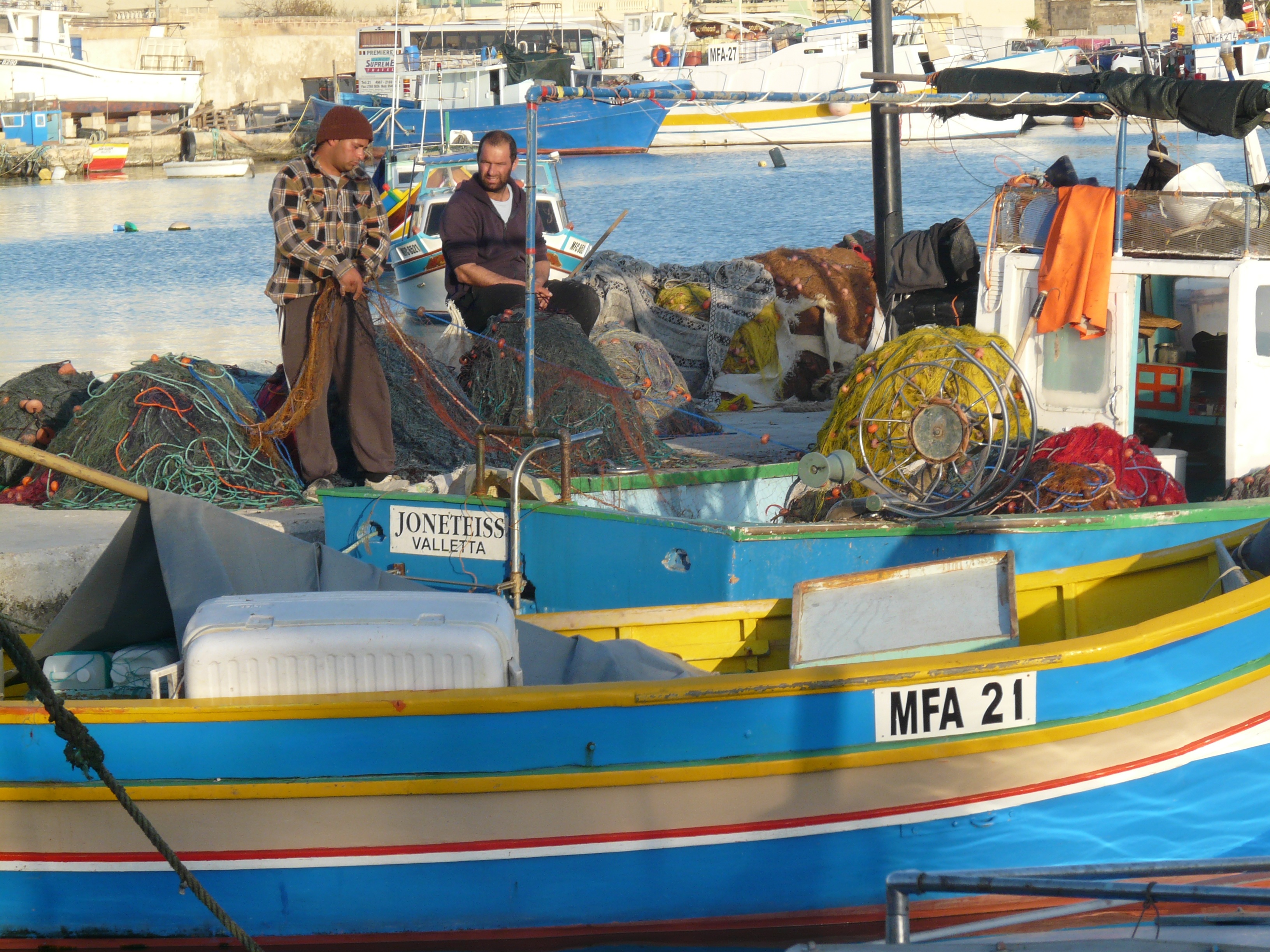 two people, sea, mode of transportation, adult, men, boats, malta, real people, fishing, boot, day, nautical vessel, 2K, marsaxlokk, transportation, fishing boat, HD Wallpaper