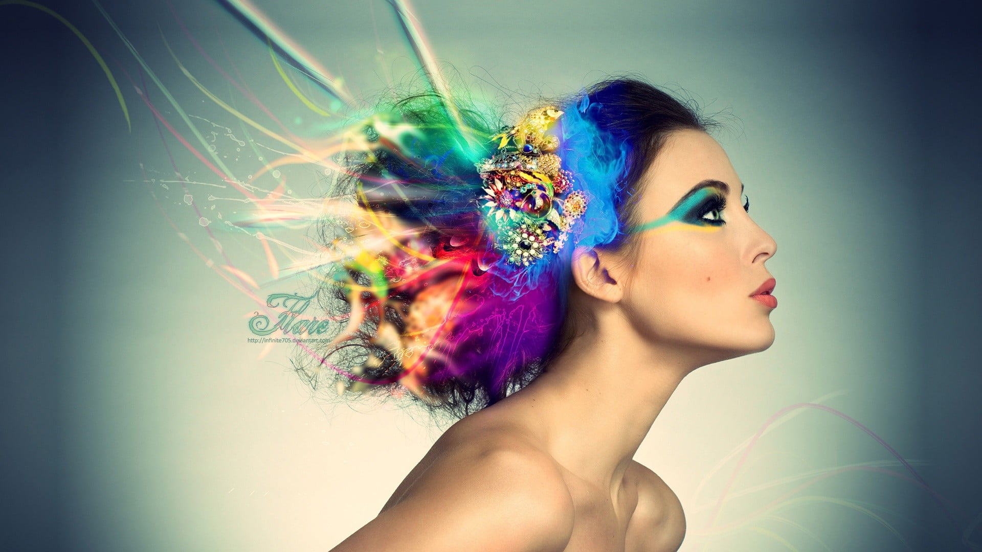 portrait, blue, colorful, brunette, headshot, human face, human body part, women, multi colored, makeup, hair, profile view, 1080P, motion, hairstyle, HD Wallpaper