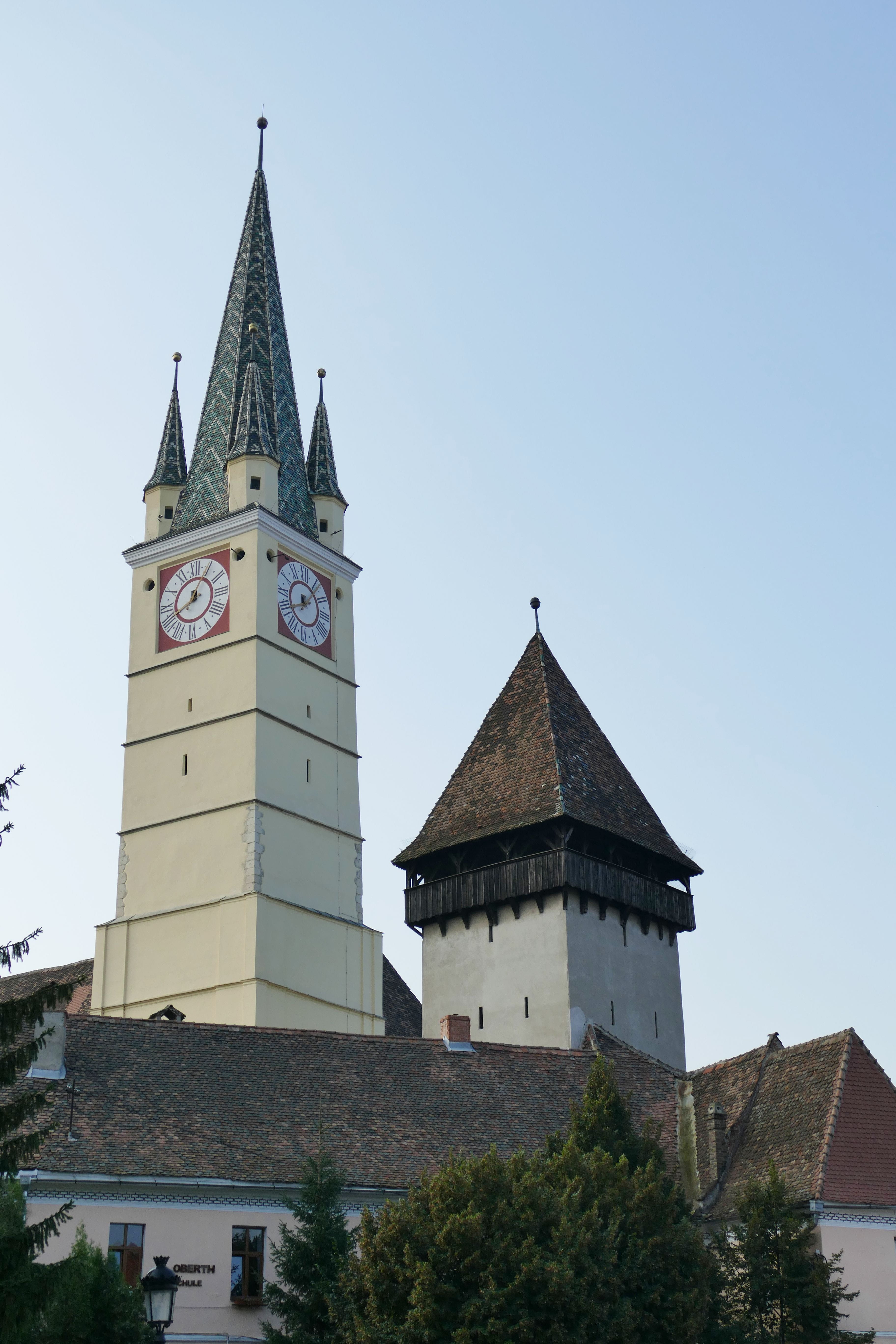 fortified church, place of worship, nature, transylvania, tree, copy space, architecture, belief, spirituality, clock, clock face, religion, building, romania, Phone HD Wallpaper