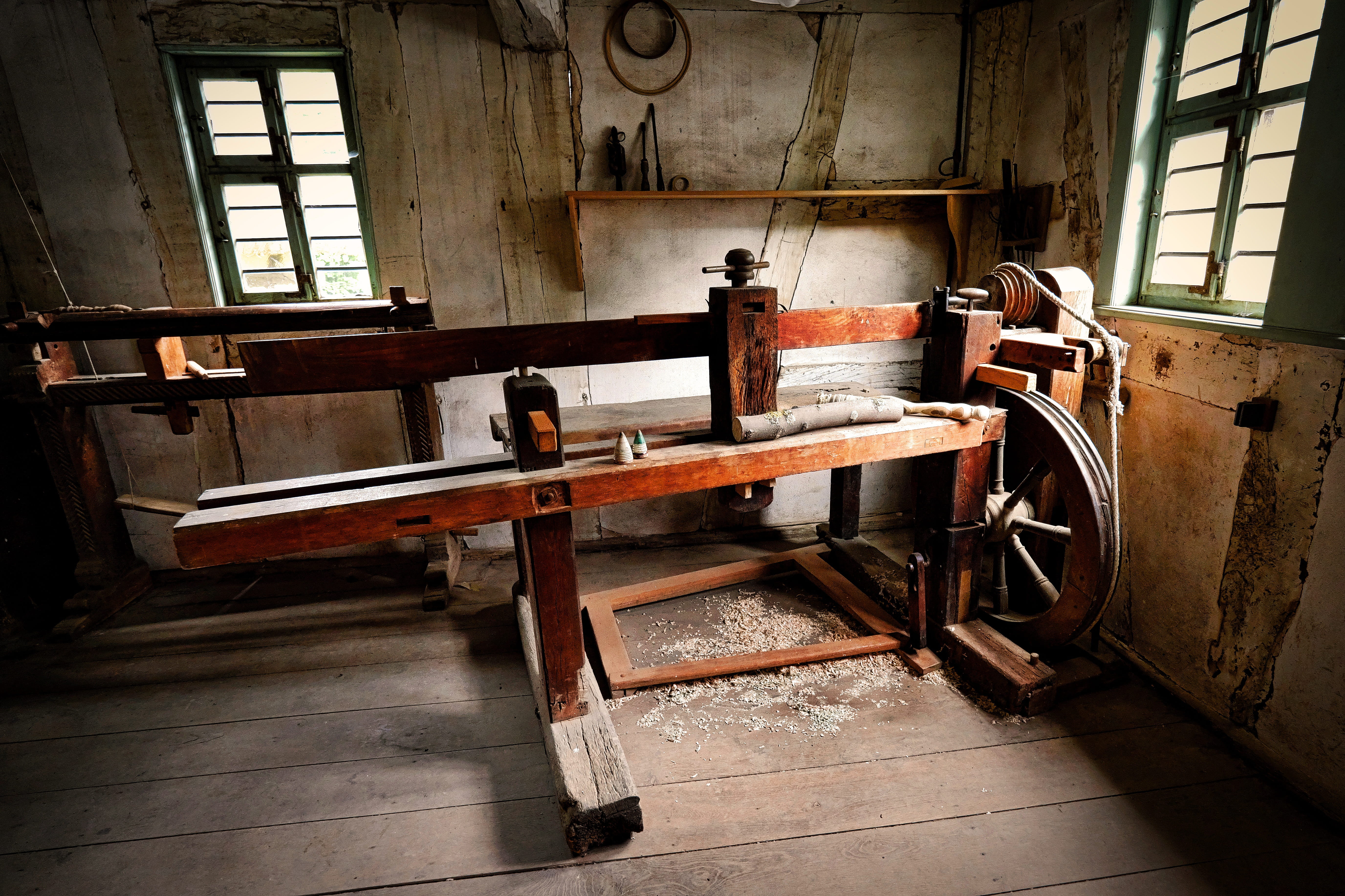 wood lathe, indoors, room, metal, history, lathe, obsolete, window, deterioration, day, old, the past, weathered, wood, architecture, damaged, run-down, HD Wallpaper