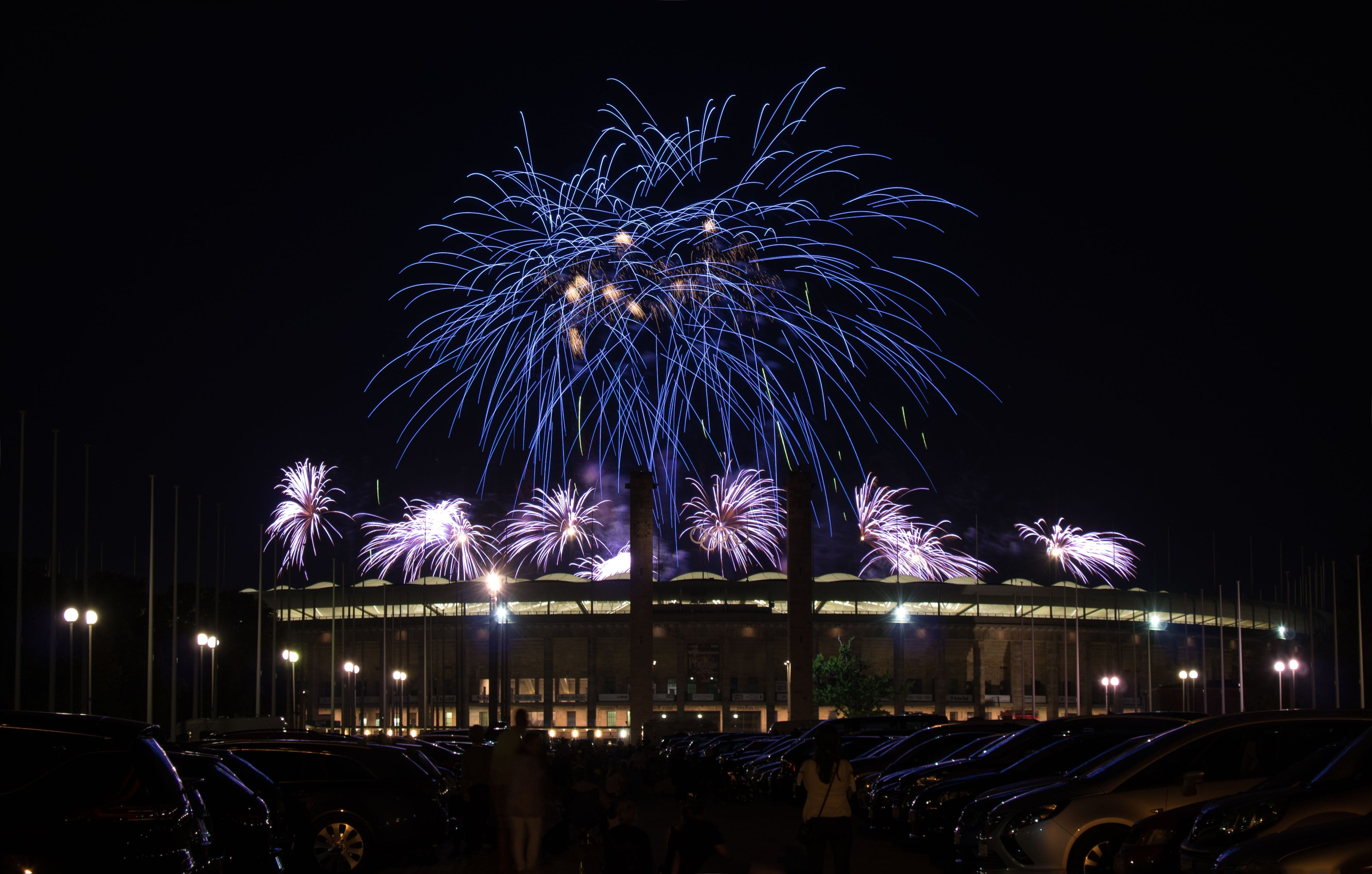 cityscape, sky, olympic stadium, colorful, festival, architecture, celebration, fireworks art, berlin, no people, fireworks, exploding, pyrotechnics, firework - man made object, HD Wallpaper