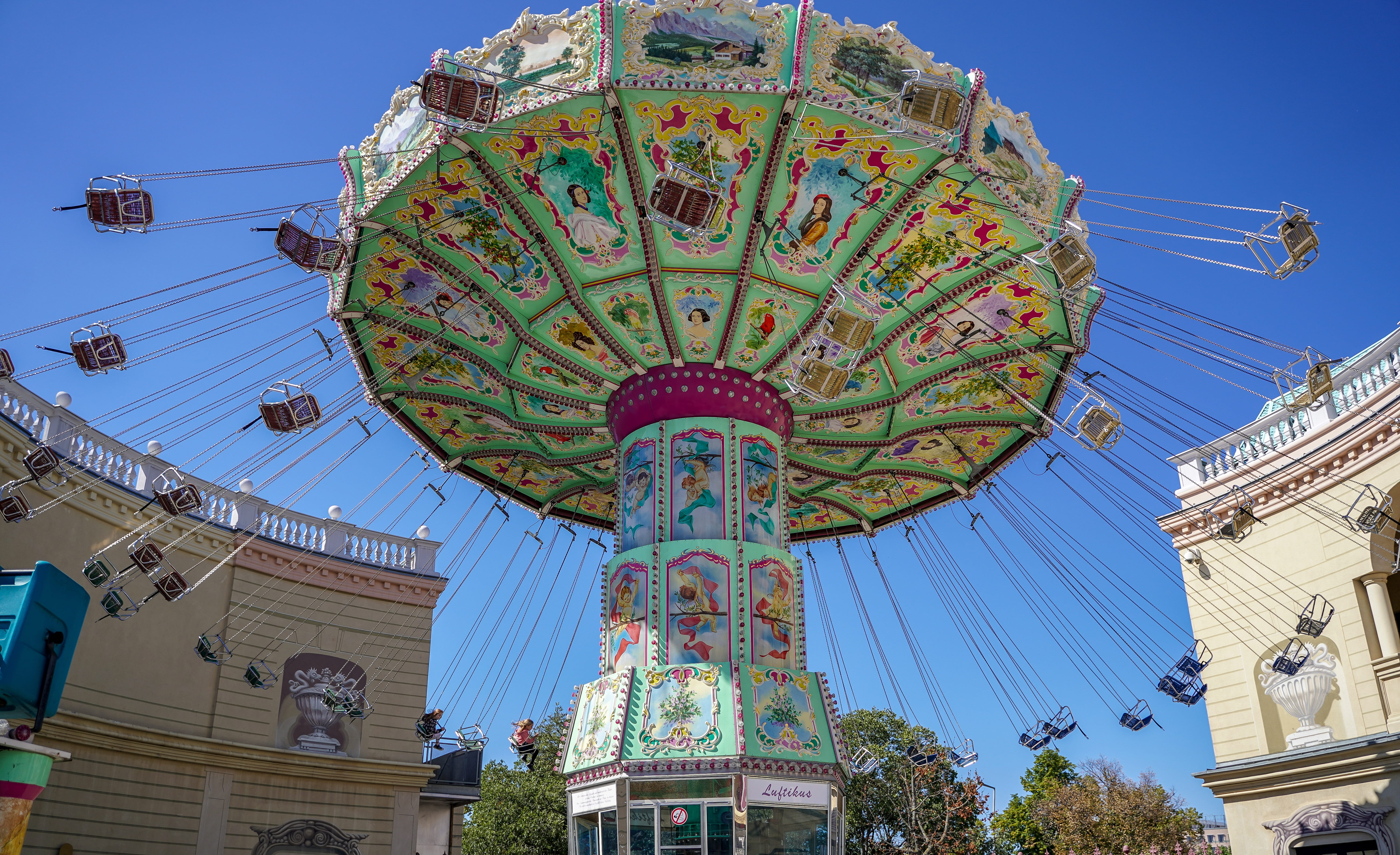 travel destinations, gondolas, nature, leisure activity, 5K, year market, outdoors, entertainment, vienna, ride, merry-go-round, low angle view, blue, HD Wallpaper