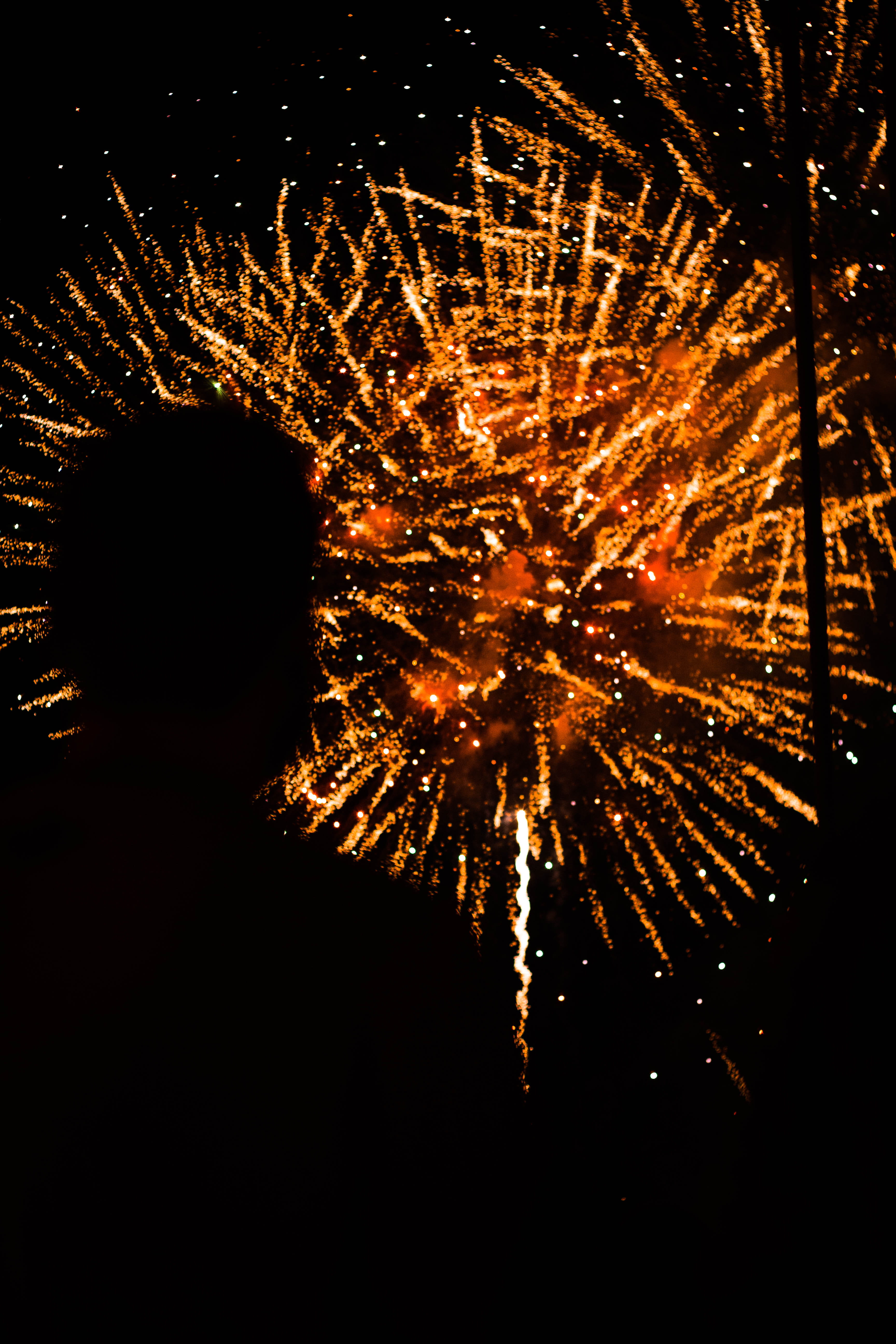 silhouette, outdoors, watching, long exposure, amusement park, night life, 5K, ocean, fireworks, blurred motion, firework display, exploding, landscape, Phone HD Wallpaper