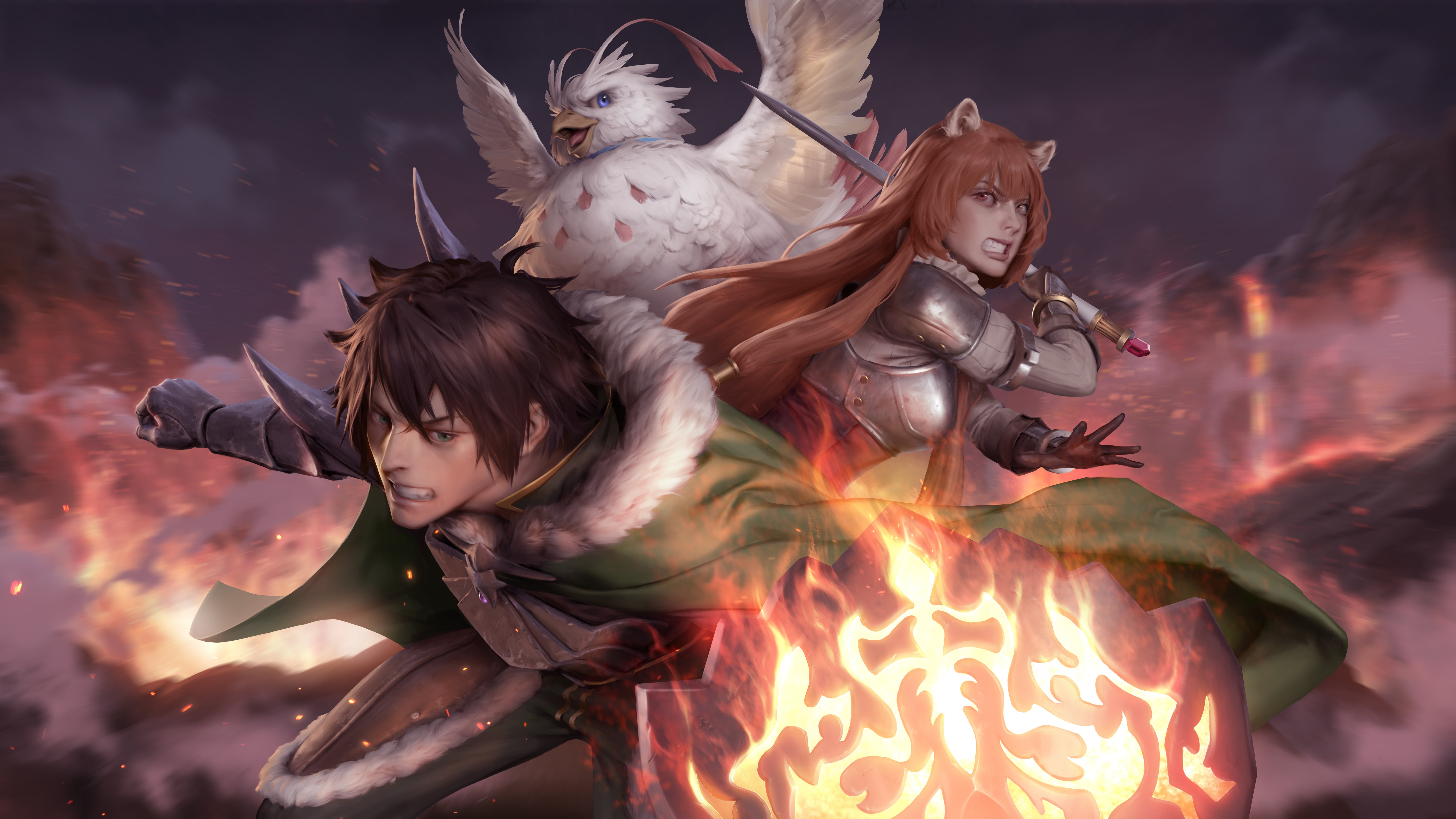 8K, The Rising of the Shield Hero, Shield, Anime, Raphtalia (The Rising of the Shield Hero), Filo (The Rising of The Shield Hero), Naofumi Iwatani, HD Wallpaper