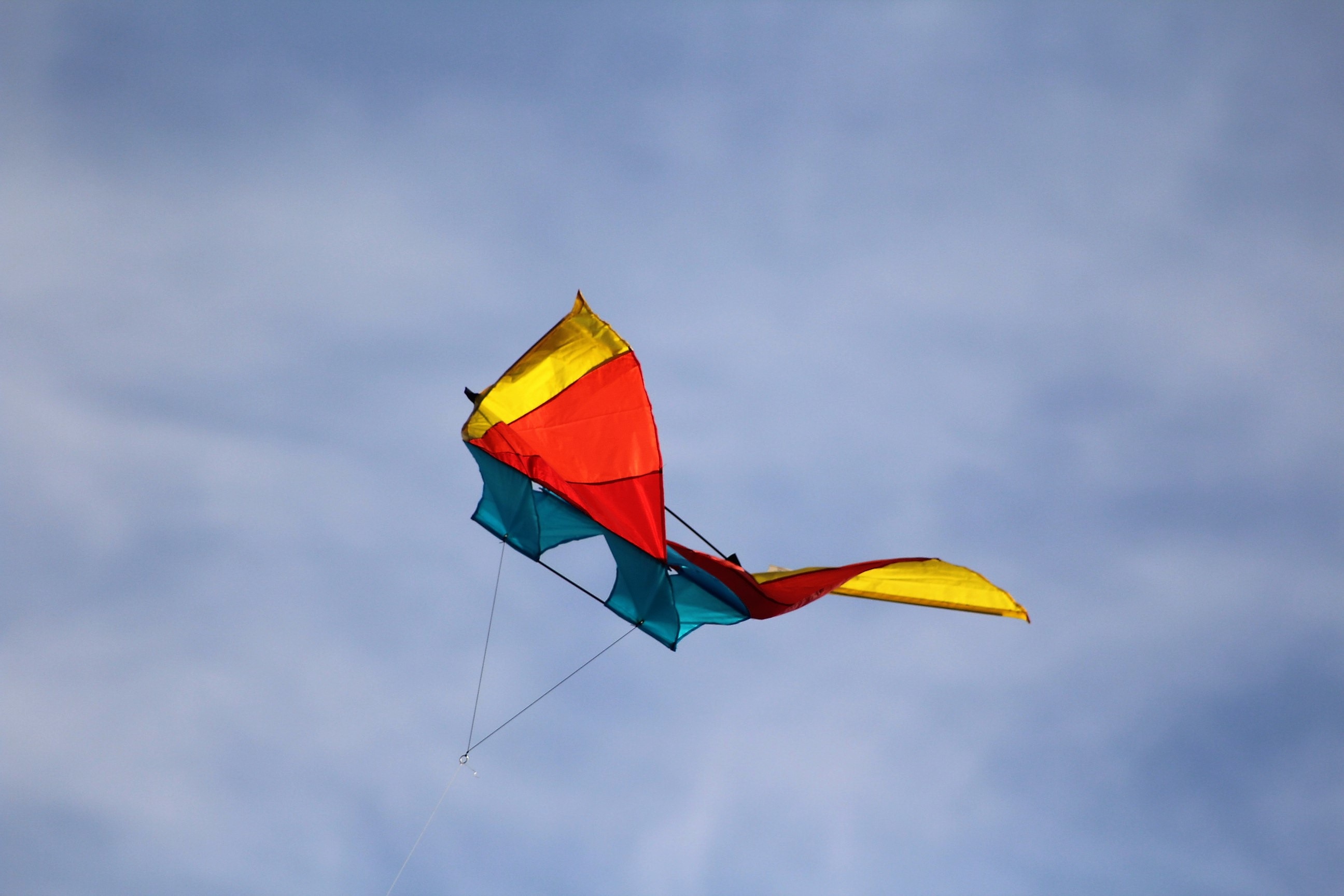 flag, low angle view, single object, mid-air, cord, flying, dragons, overcast, nature, leisure activity, dragon rising, multi colored, kites rise, no people, HD Wallpaper