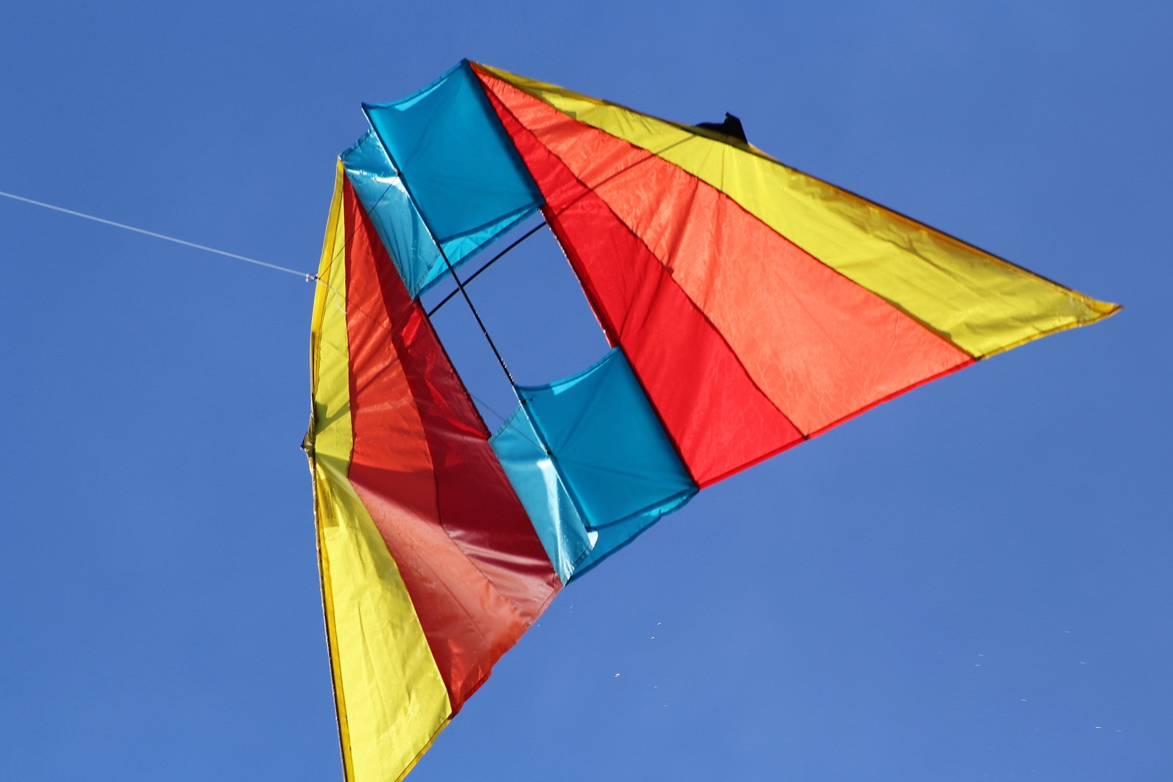 flying, toys, low angle view, clear sky, vibrant color, nature, no people, kite - toy, red, kites rise, 1080P, wind, clouds, sunny, sky, blue, yellow, HD Wallpaper