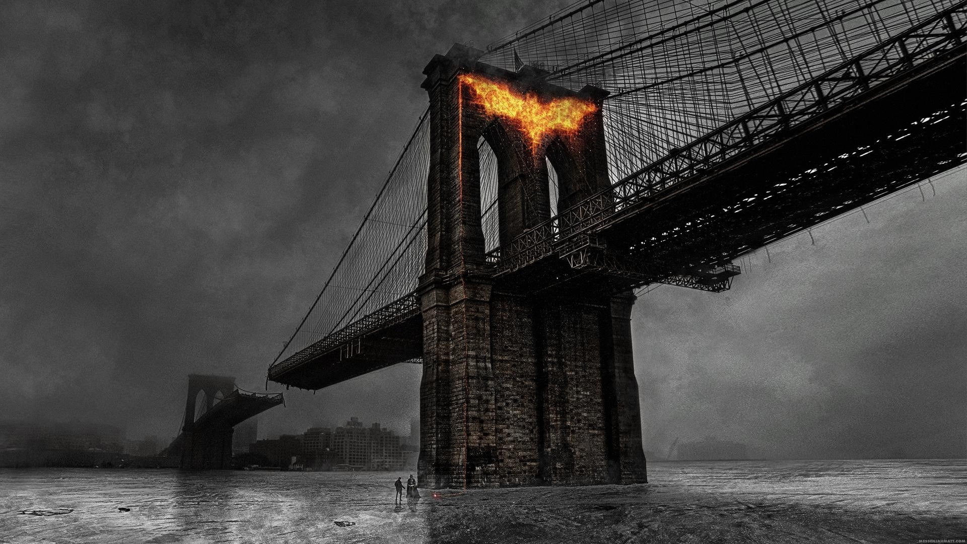 1080P, bridge, rises, batman, superhero, fire, dark, knight, HD Wallpaper