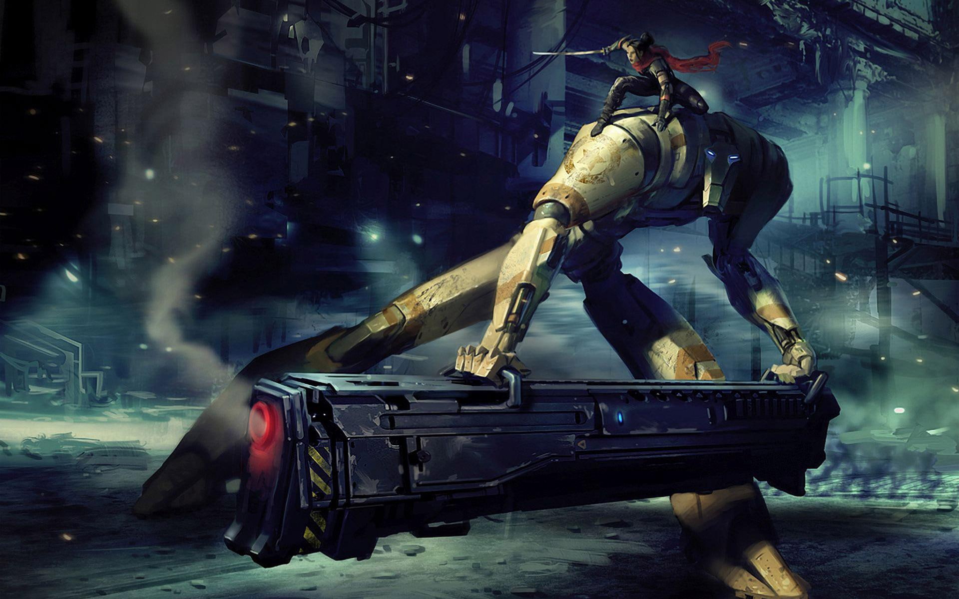 robot, 1080P, 1920x1200, battle, ninja, top, woman, white, fantasy, fighting, illustration, HD Wallpaper