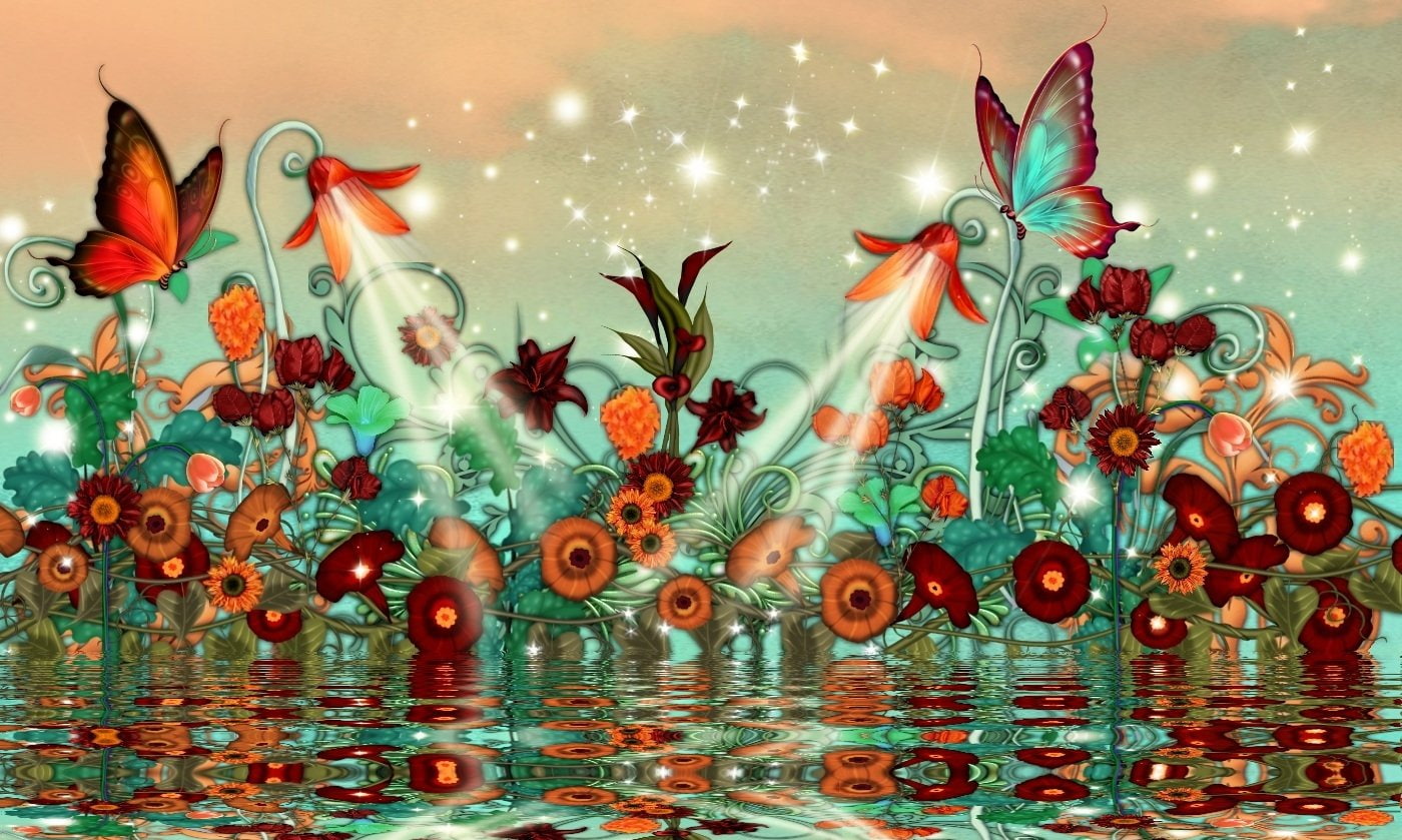 Orange, Teal, 720P, Fantasy, Butterfly, Water, Maroon, Artistic, HD Wallpaper