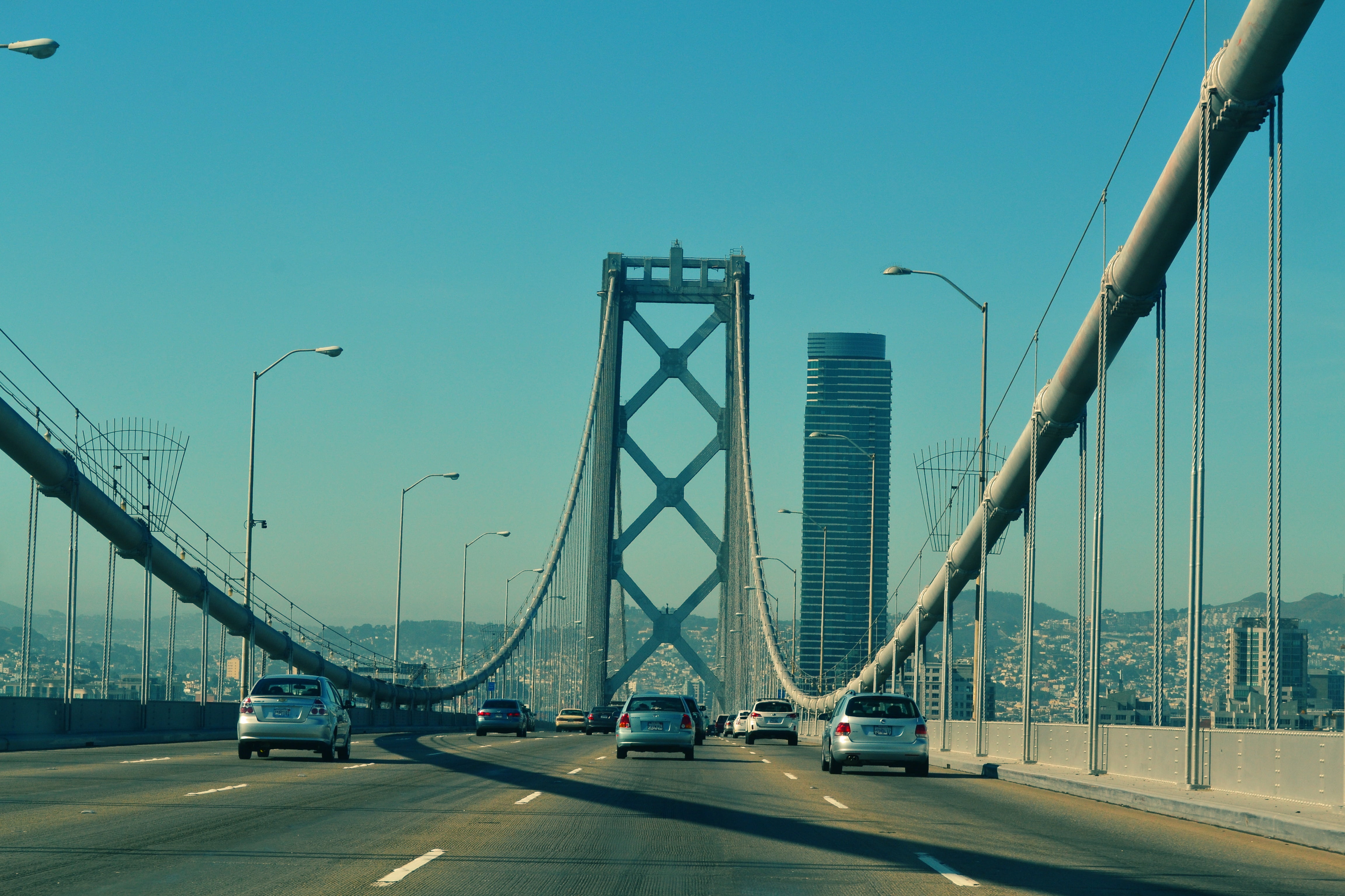 mode of transportation, car, traffic, outdoors, drive, sky, city, transportation, connection, suspension bridge, engineering, highway, building exterior, HD Wallpaper