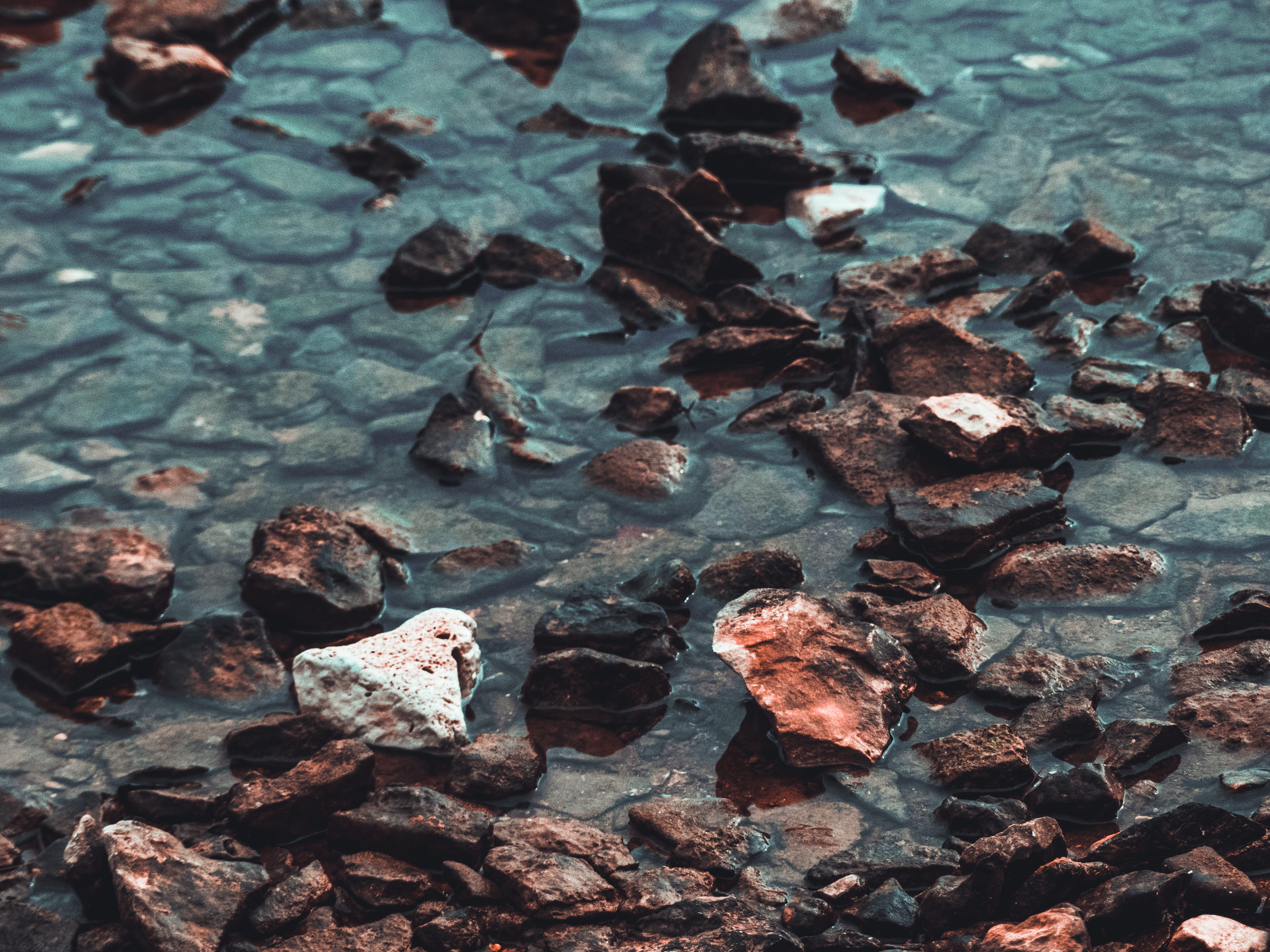 tide, teal and orange, daytime, sea, high angle view, close-up, nature, outdoors, rock - object, stone - object, backgrounds, hd, fragments, dry, HD Wallpaper